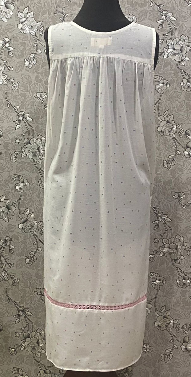 SoieRose 100% Cotton Victorian Nightgown | White Dotted Sleepwear with Pink Lace Trim | SR-1240