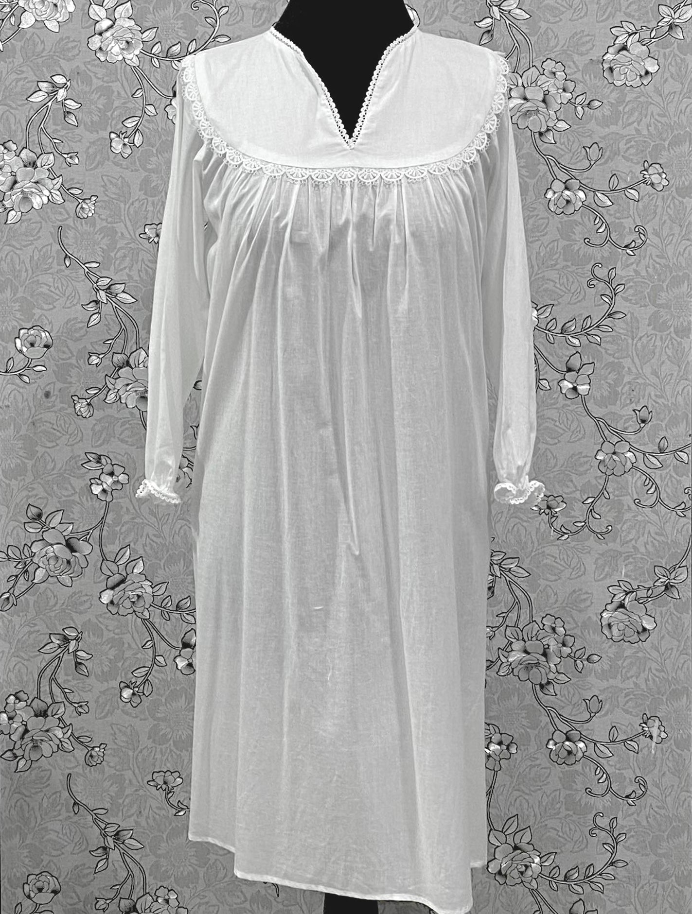 SoieRose 100% Cotton Victorian Nightgown – Long Sleeve White Vintage Sleepwear SR-1208