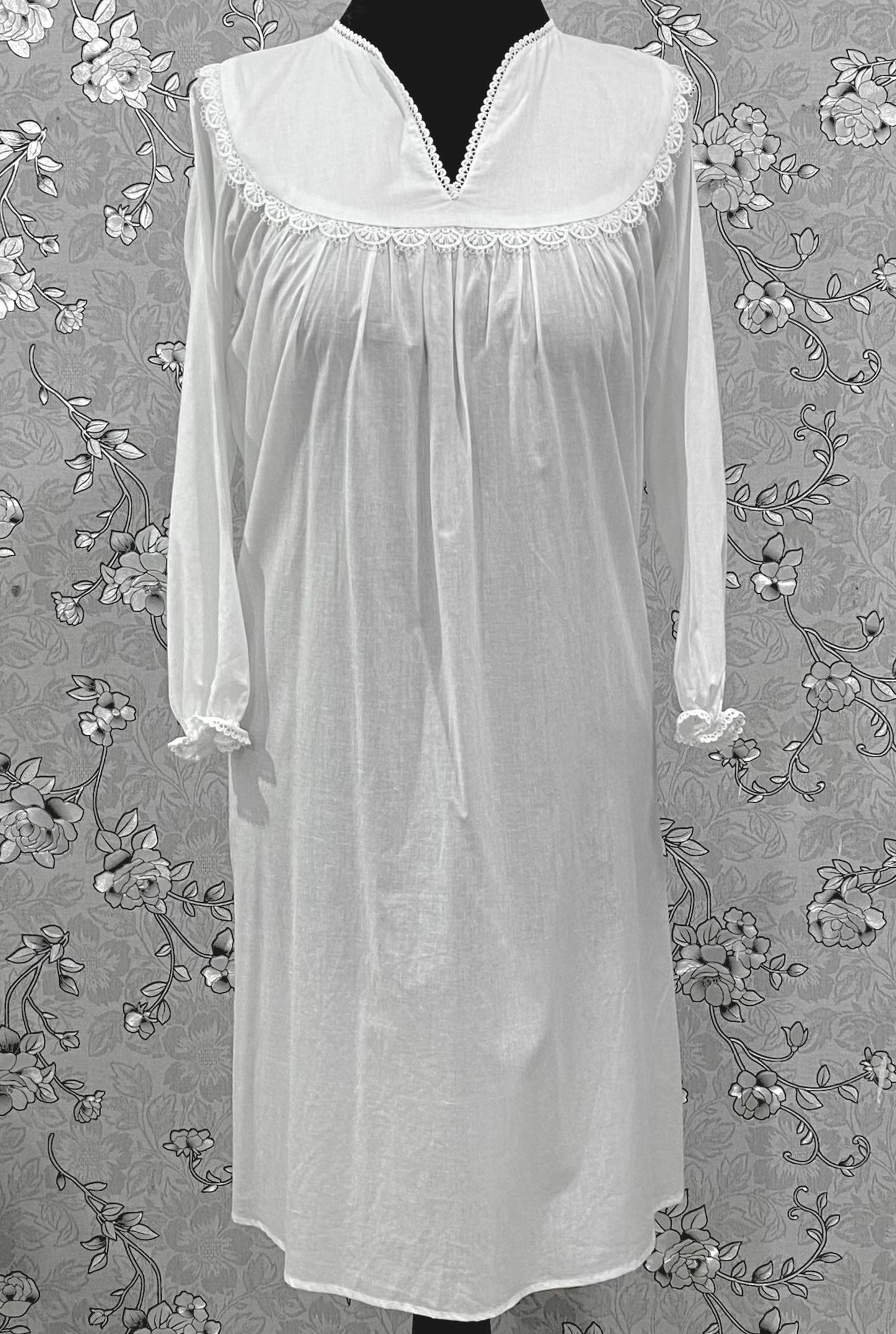 SoieRose 100% Cotton Victorian Nightgown – Long Sleeve White Vintage Sleepwear SR-1208