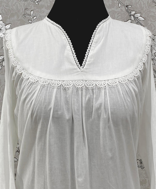 SoieRose 100% Cotton Victorian Nightgown – Long Sleeve White Vintage Sleepwear SR-1208