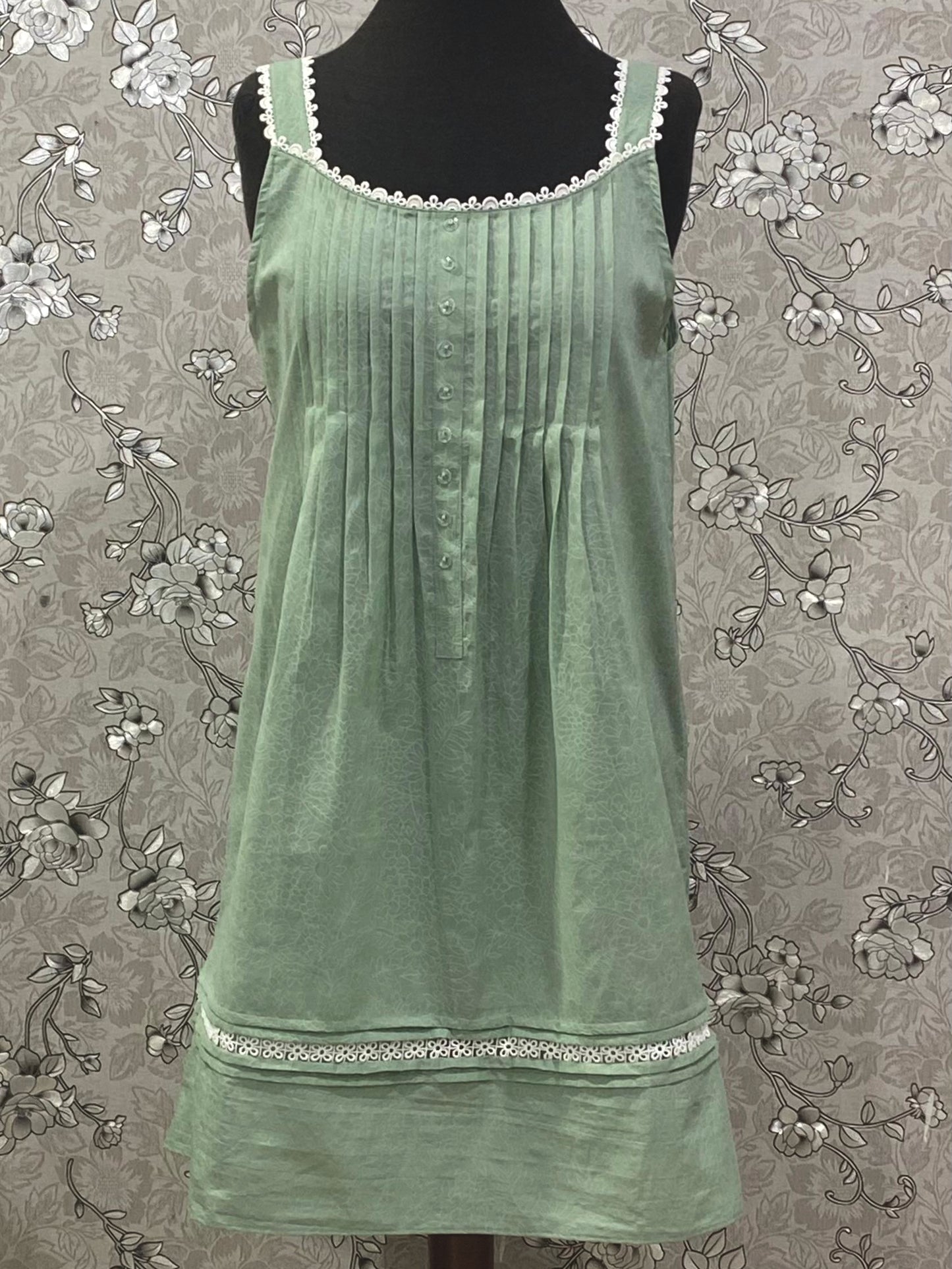 SoieRose 100% Cotton Victorian Nightgown – Sage Green Sleeveless Vintage Style Nightdress - SR1202