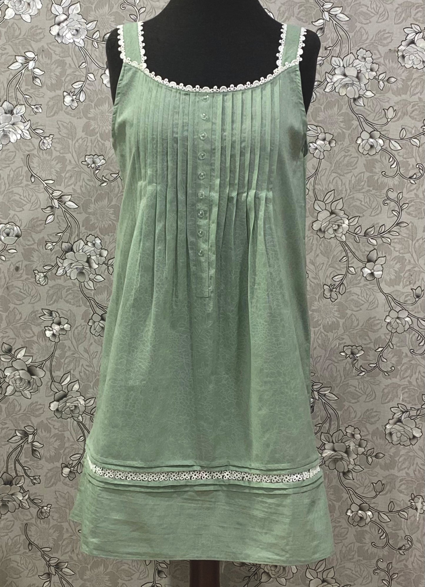 SoieRose 100% Cotton Victorian Nightgown – Sage Green Sleeveless Vintage Style Nightdress - SR1202