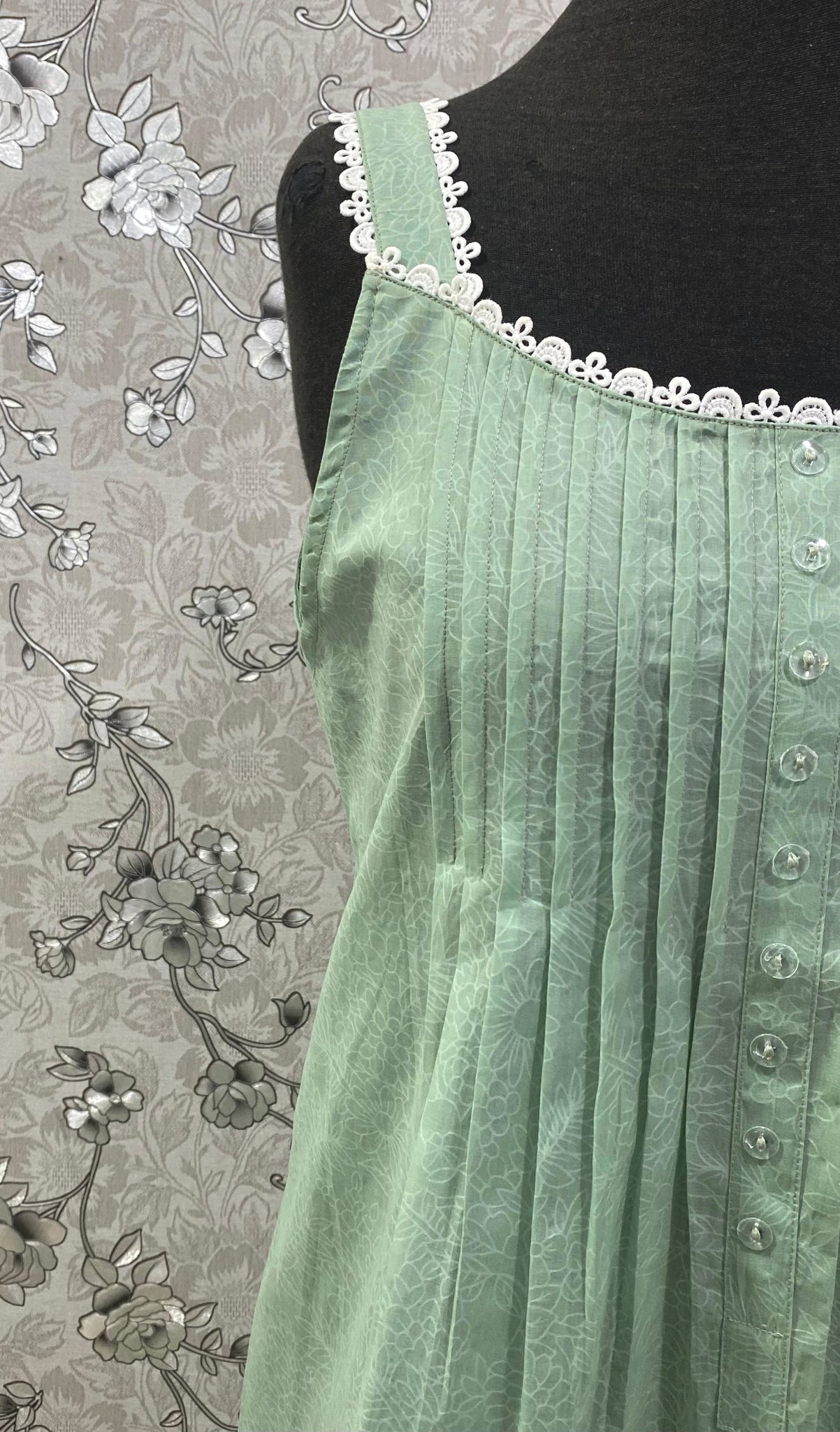 SoieRose 100% Cotton Victorian Nightgown – Sage Green Sleeveless Vintage Style Nightdress - SR1202
