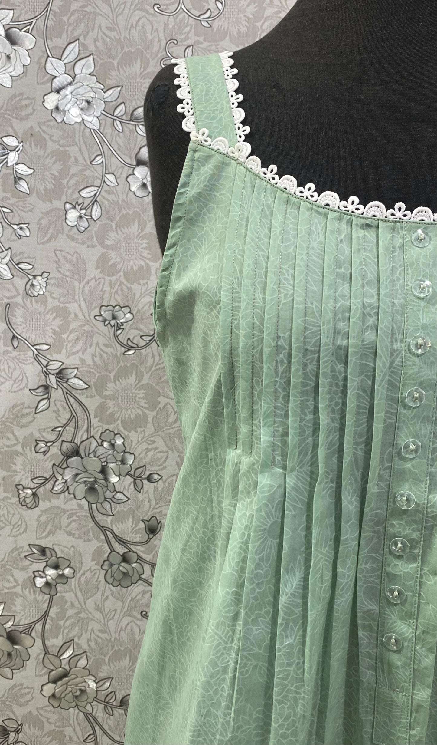 SoieRose 100% Cotton Victorian Nightgown – Sage Green Sleeveless Vintage Style Nightdress - SR1202