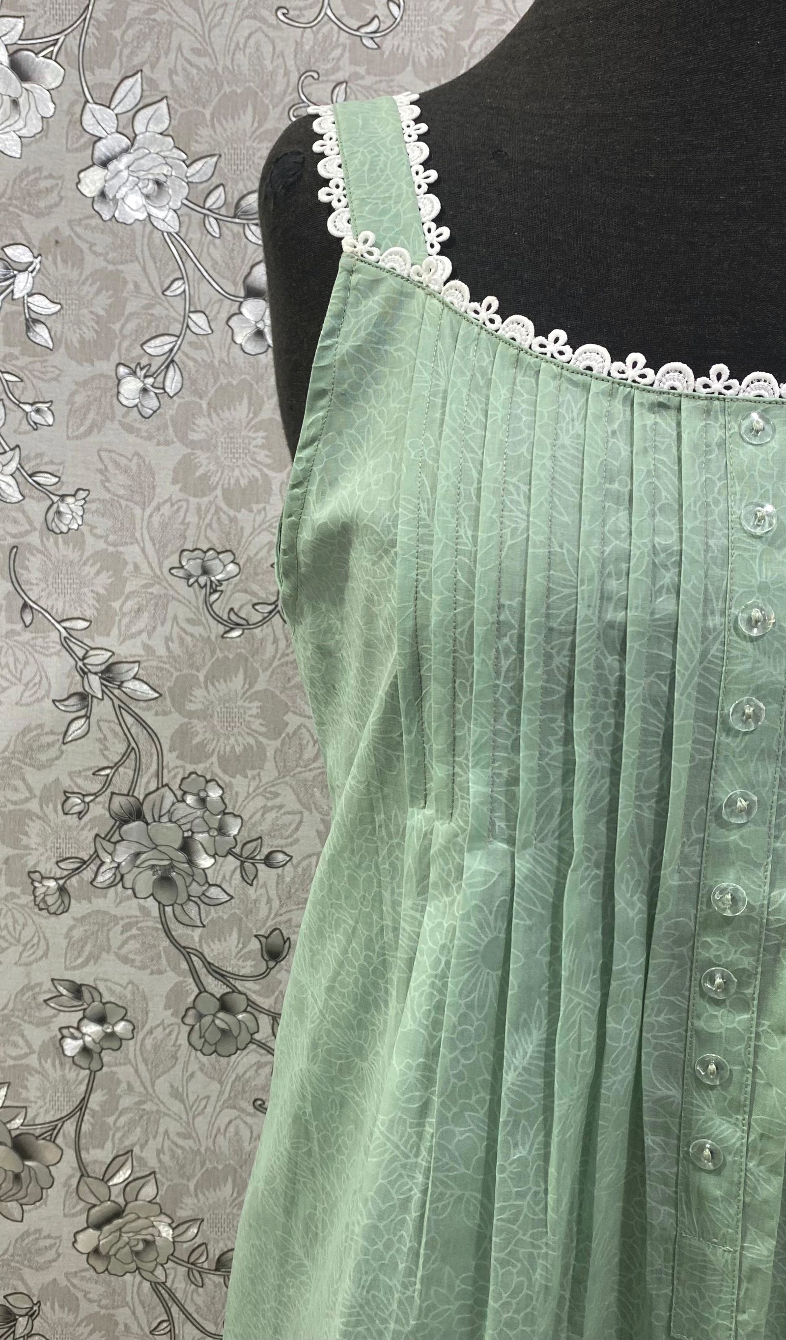 SoieRose 100% Cotton Victorian Nightgown – Sage Green Sleeveless Vintage Style Nightdress - SR1202