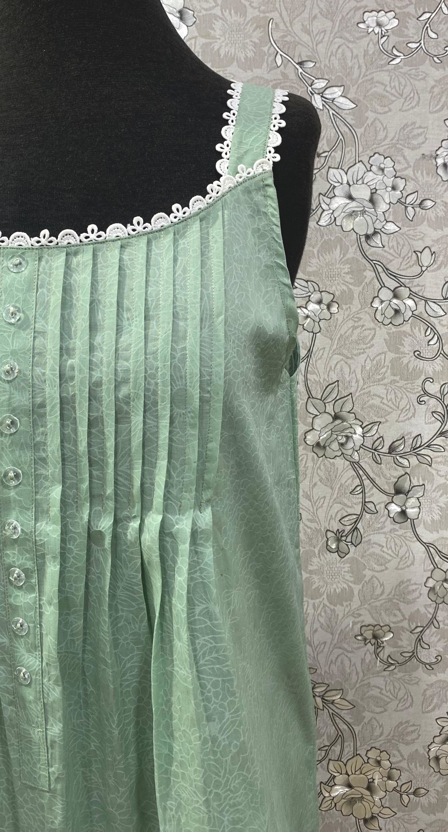 SoieRose 100% Cotton Victorian Nightgown – Sage Green Sleeveless Vintage Style Nightdress - SR1202