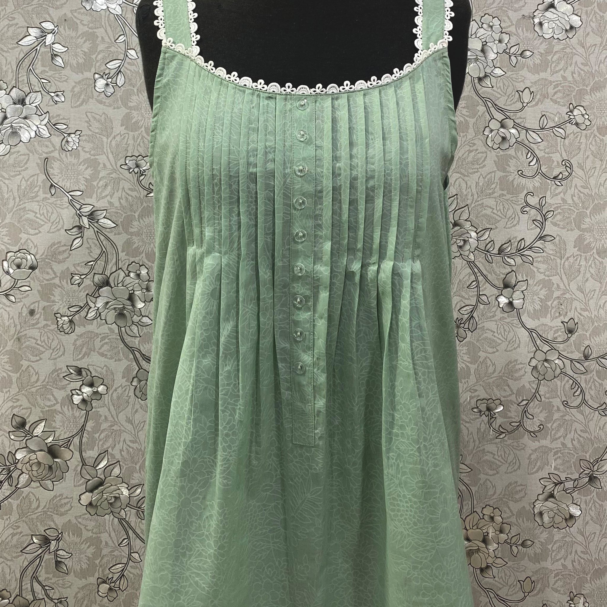 SoieRose 100% Cotton Victorian Nightgown – Sage Green Sleeveless Vintage Style Nightdress - SR1202