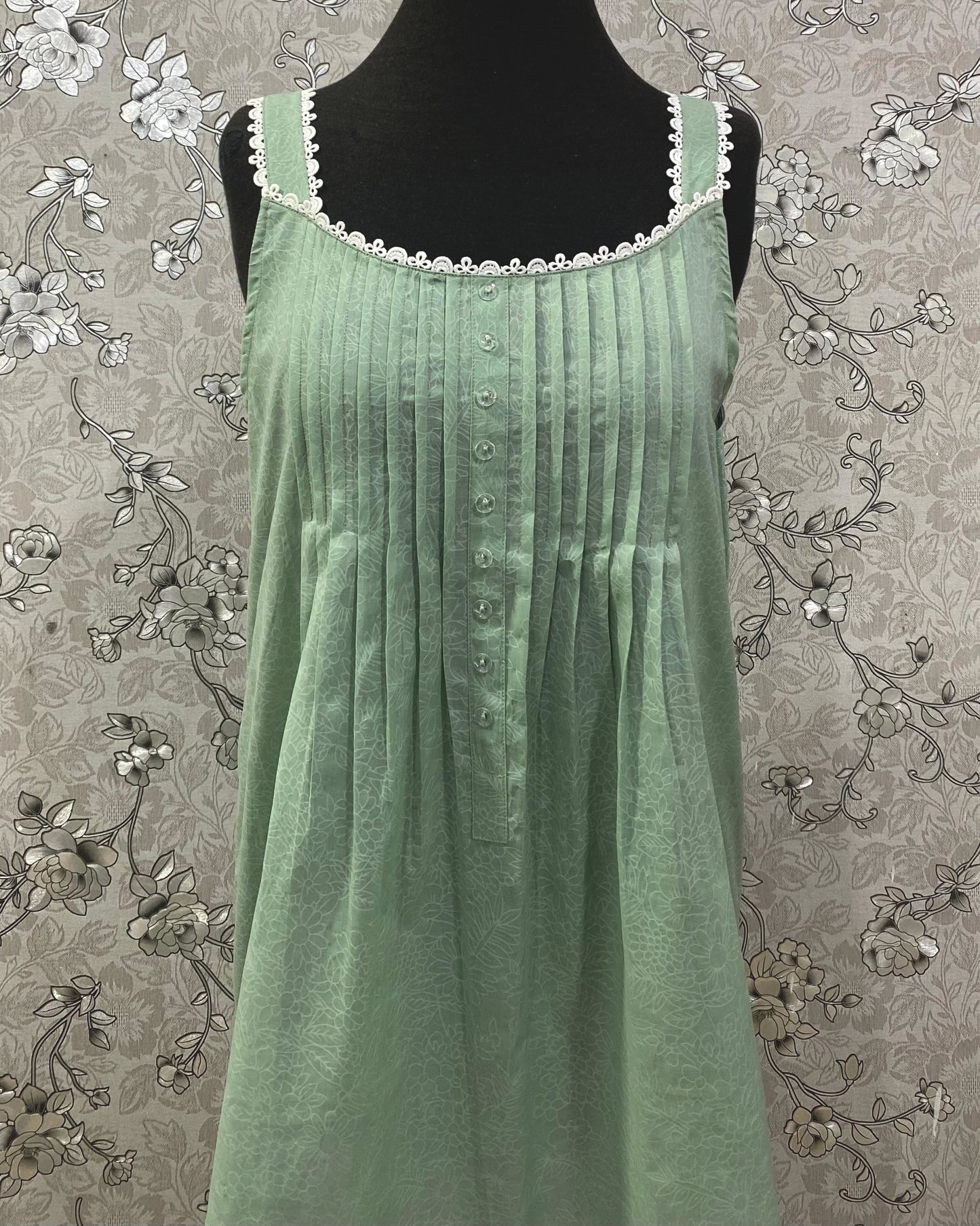 SoieRose 100% Cotton Victorian Nightgown – Sage Green Sleeveless Vintage Style Nightdress - SR1202