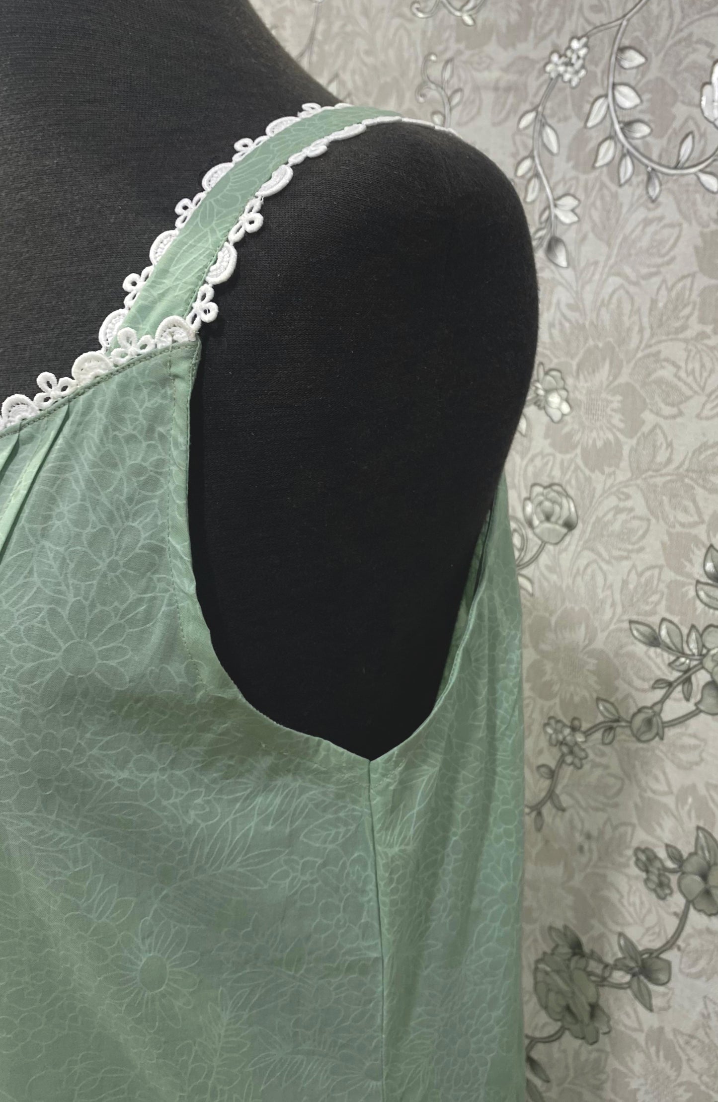 SoieRose 100% Cotton Victorian Nightgown – Sage Green Sleeveless Vintage Style Nightdress - SR1202