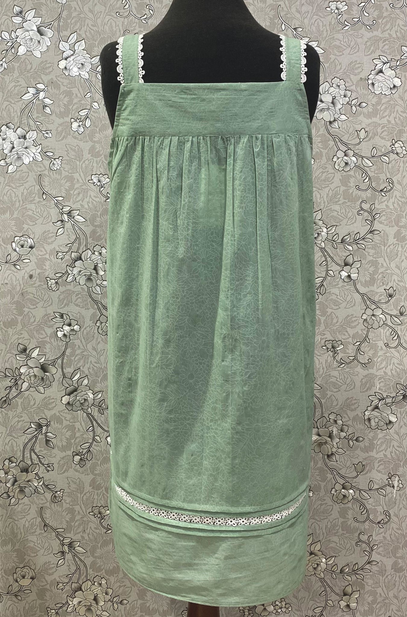 SoieRose 100% Cotton Victorian Nightgown – Sage Green Sleeveless Vintage Style Nightdress - SR1202