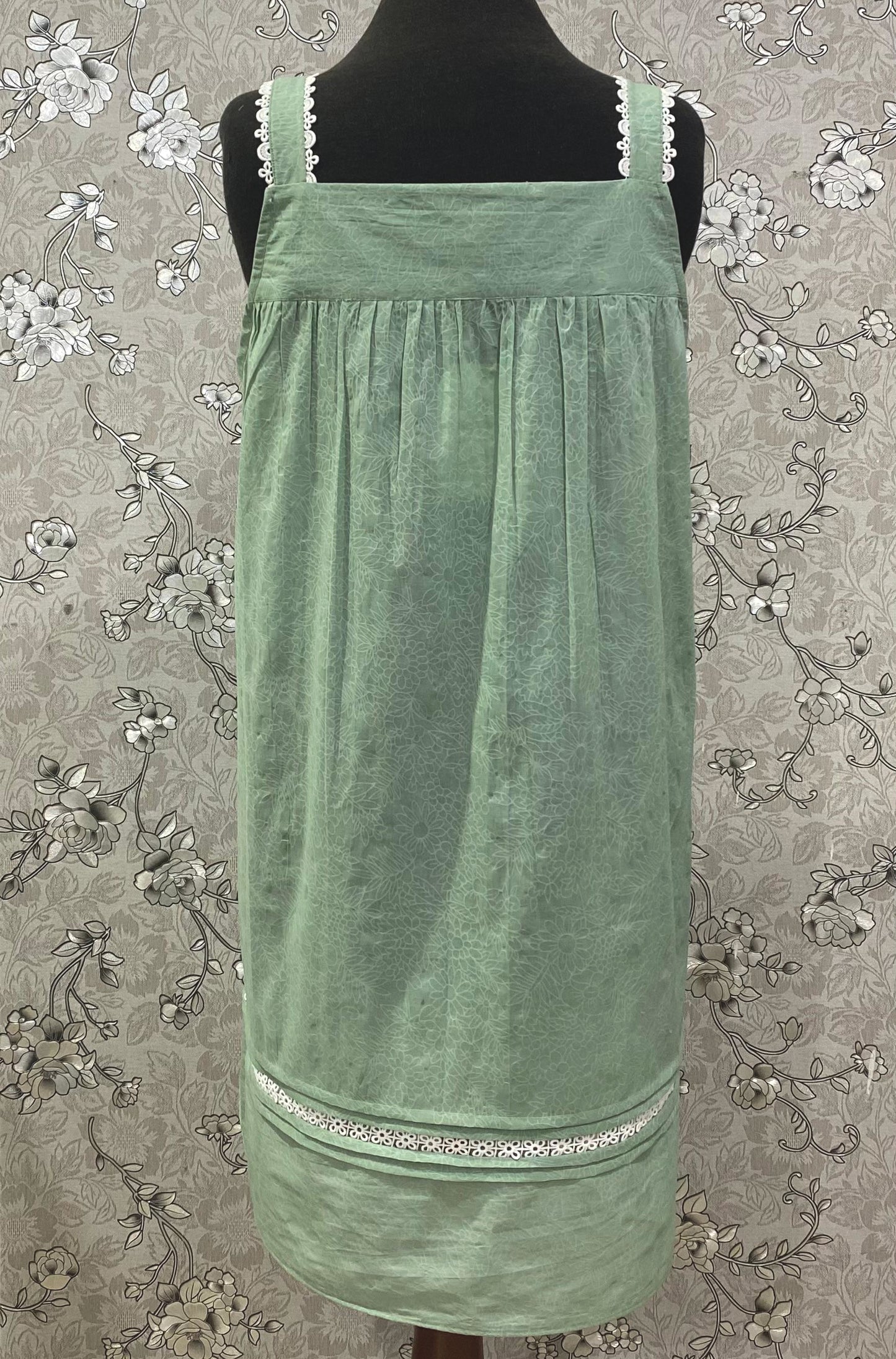 SoieRose 100% Cotton Victorian Nightgown – Sage Green Sleeveless Vintage Style Nightdress - SR1202