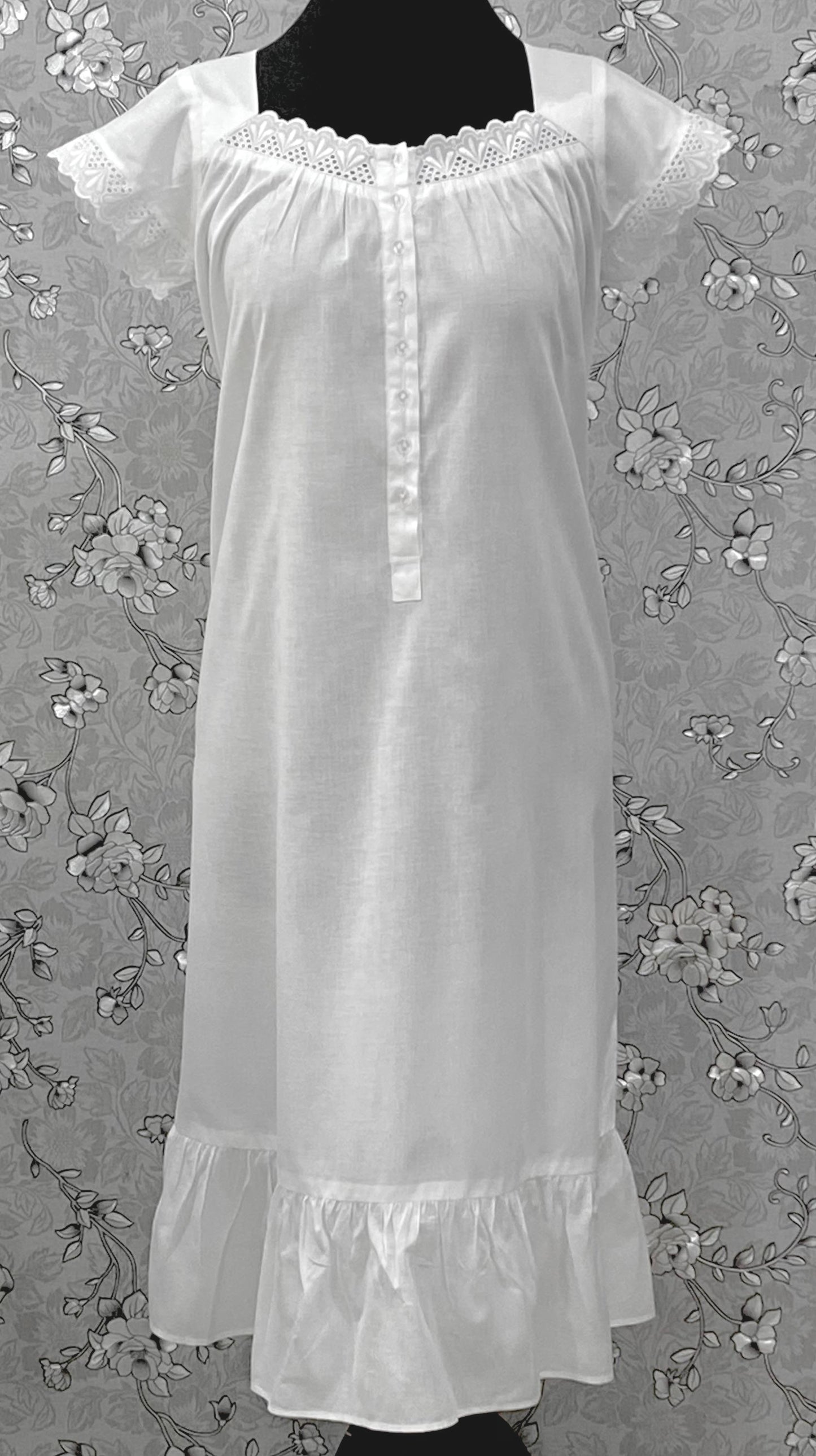 SoieRose 100% Cotton Victorian Nightgown – White Eyelet Lace Cap Sleeve Nightdress – SR-1209