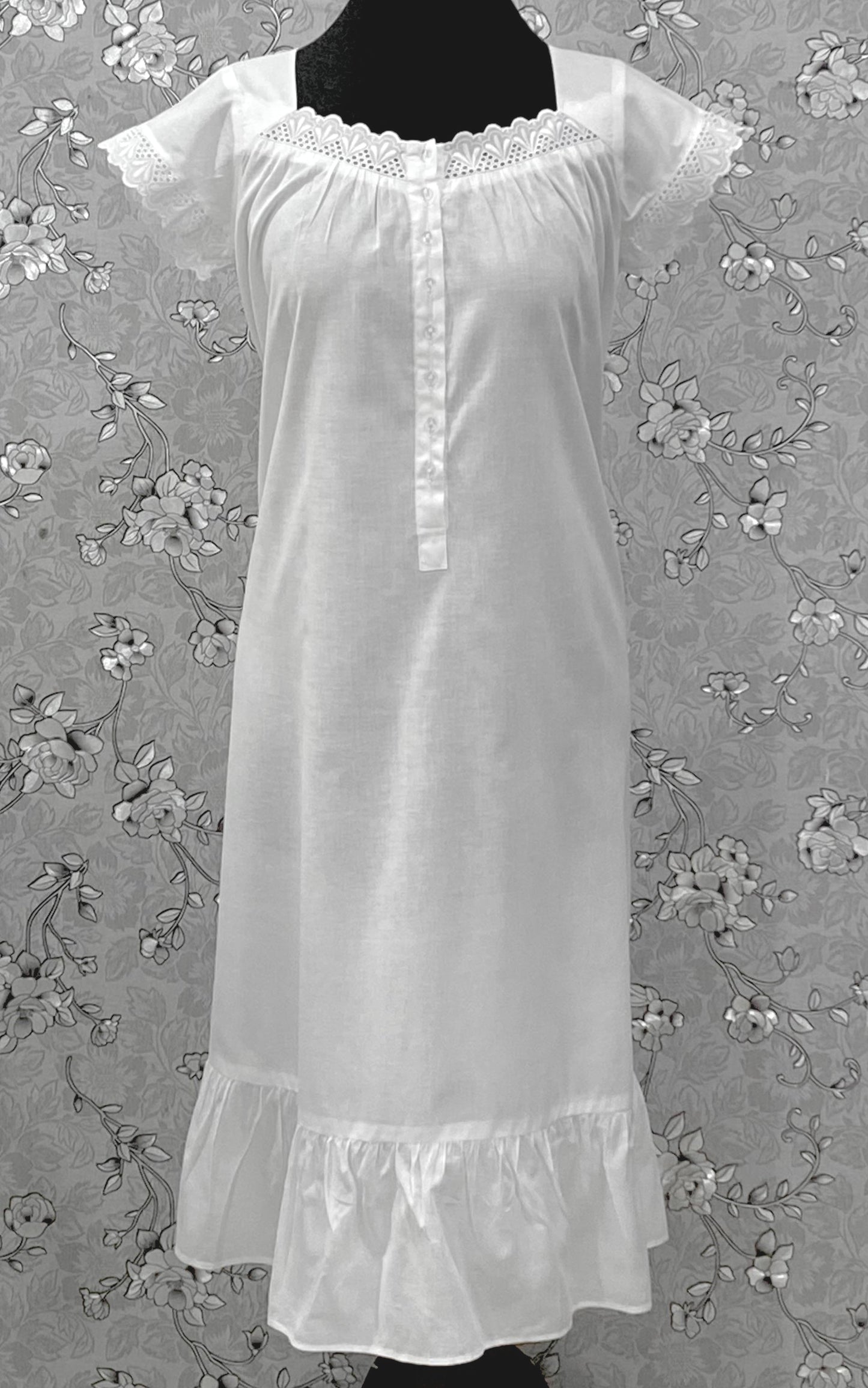 SoieRose 100% Cotton Victorian Nightgown – White Eyelet Lace Cap Sleeve Nightdress – SR-1209