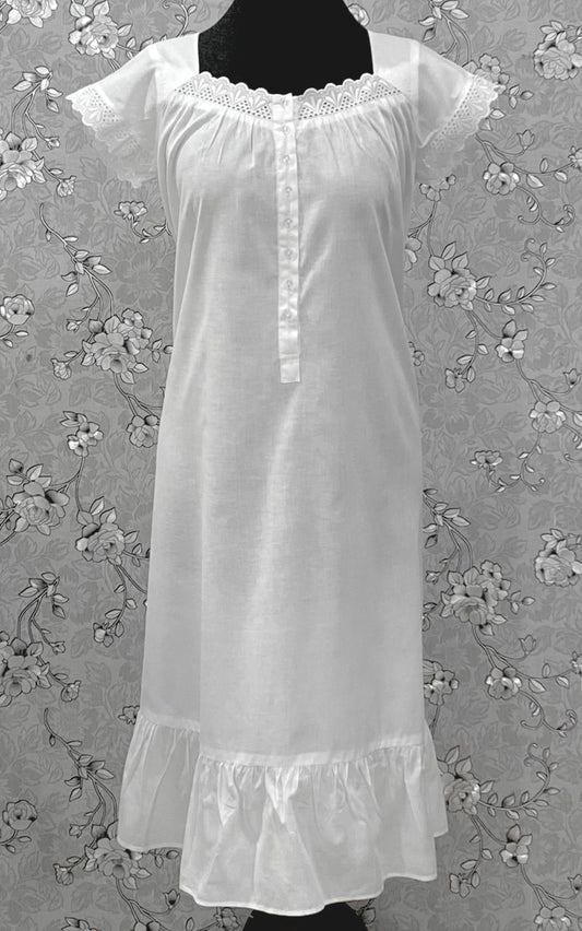 SoieRose 100% Cotton Victorian Nightgown – White Eyelet Lace Cap Sleeve Nightdress – SR-1209