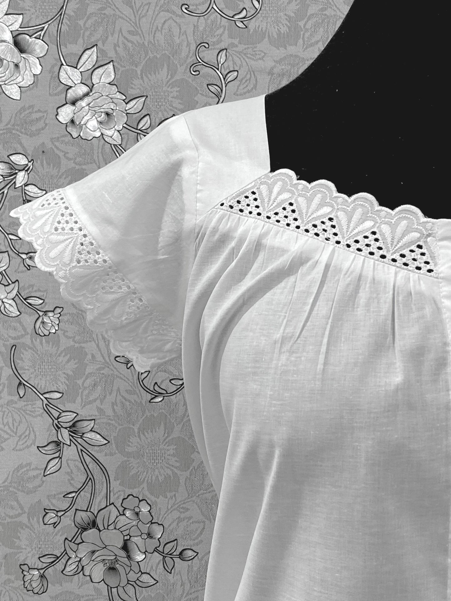 SoieRose 100% Cotton Victorian Nightgown – White Eyelet Lace Cap Sleeve Nightdress – SR-1209
