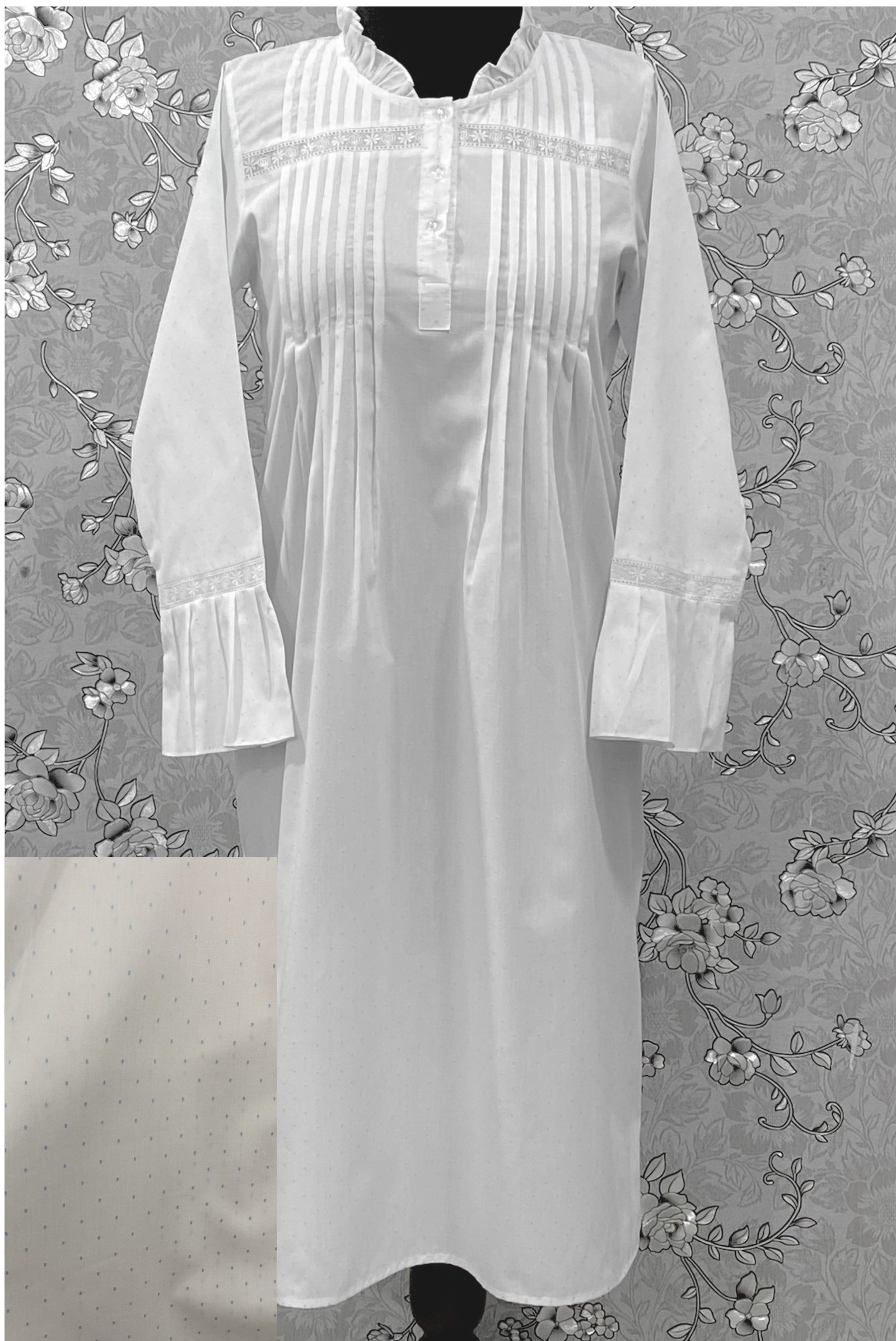SoieRose 100% Cotton Victorian Nightgown – White Pintuck Lace Yoke with Subtle Blue Dots - SR-1204