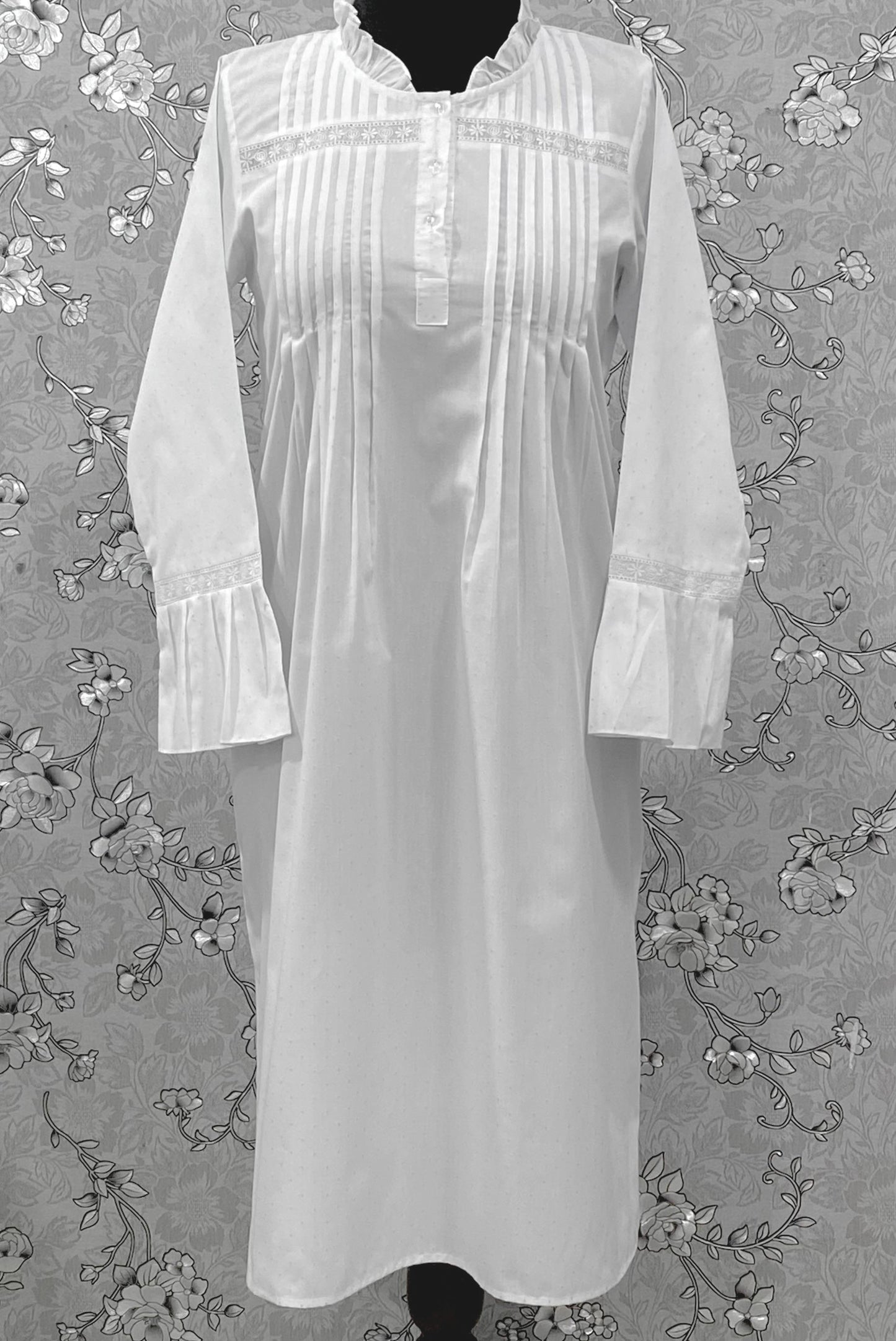 SoieRose 100% Cotton Victorian Nightgown – White Pintuck Lace Yoke with Subtle Blue Dots - SR-1204