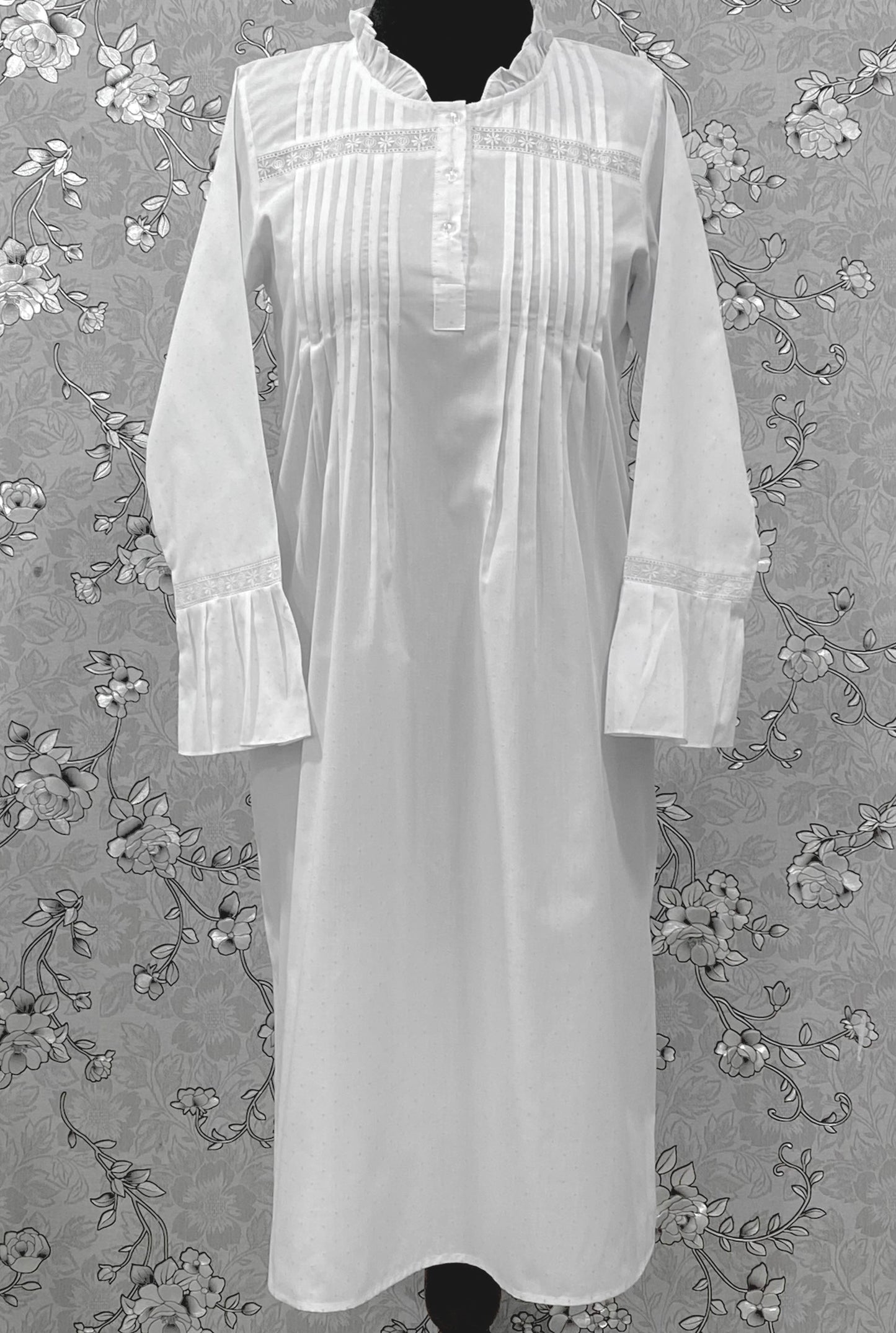 SoieRose 100% Cotton Victorian Nightgown – White Pintuck Lace Yoke with Subtle Blue Dots - SR-1204