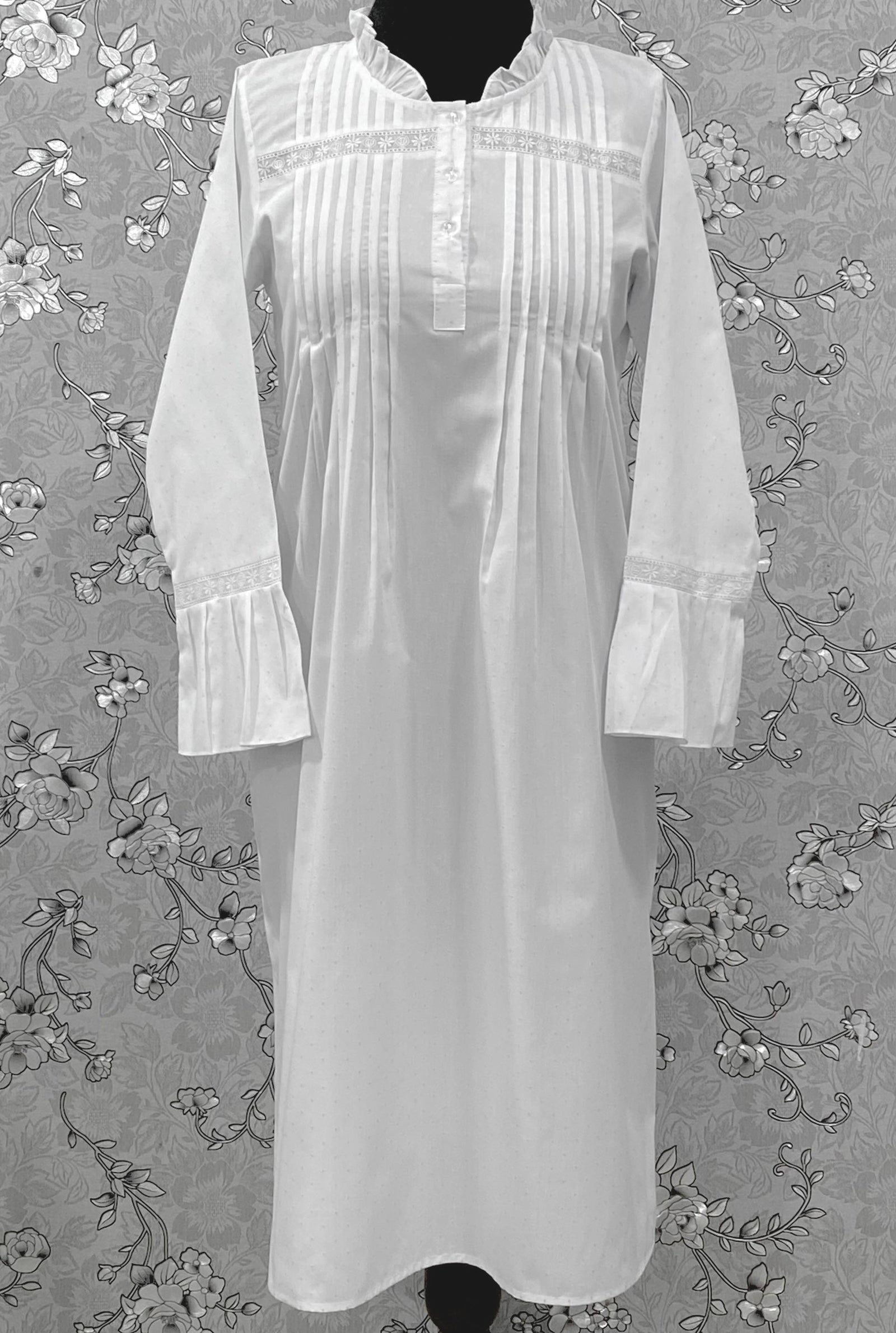 SoieRose 100% Cotton Victorian Nightgown – White Pintuck Lace Yoke with Subtle Blue Dots - SR-1204