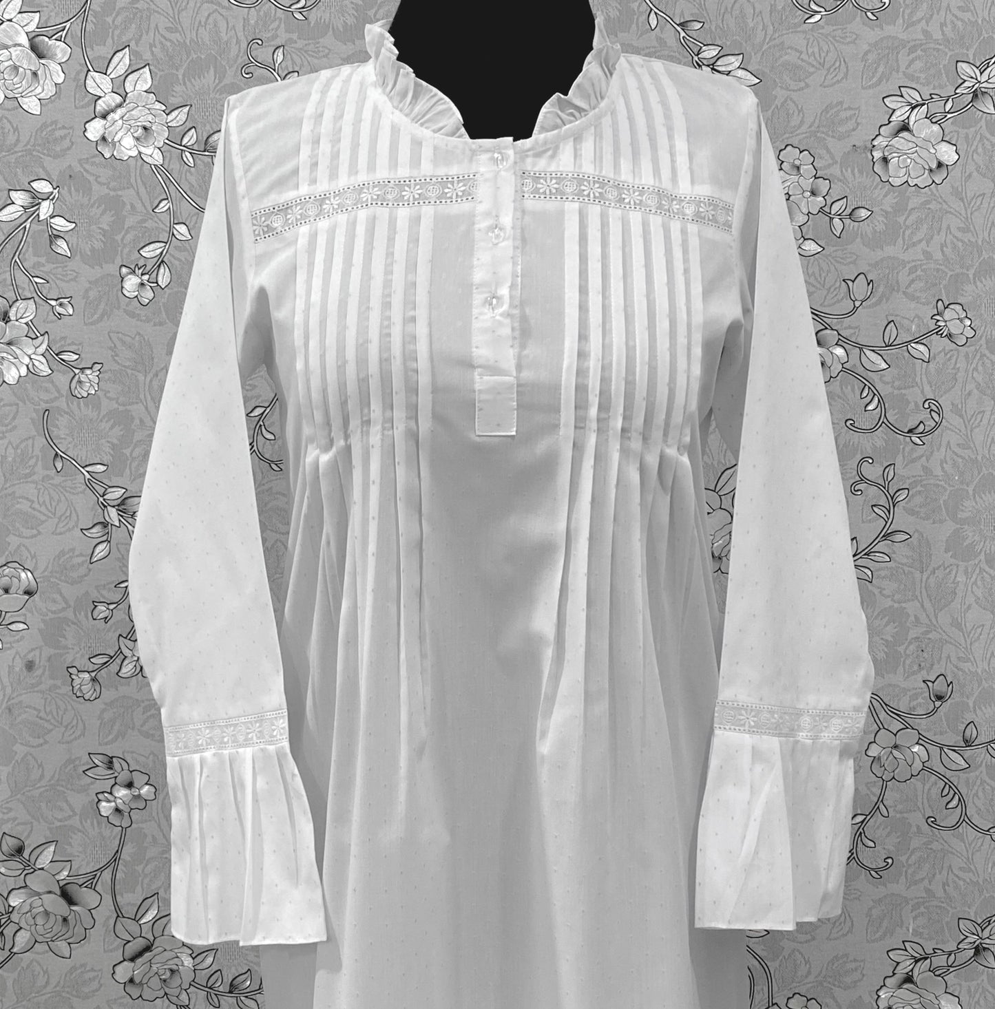 SoieRose 100% Cotton Victorian Nightgown – White Pintuck Lace Yoke with Subtle Blue Dots - SR-1204