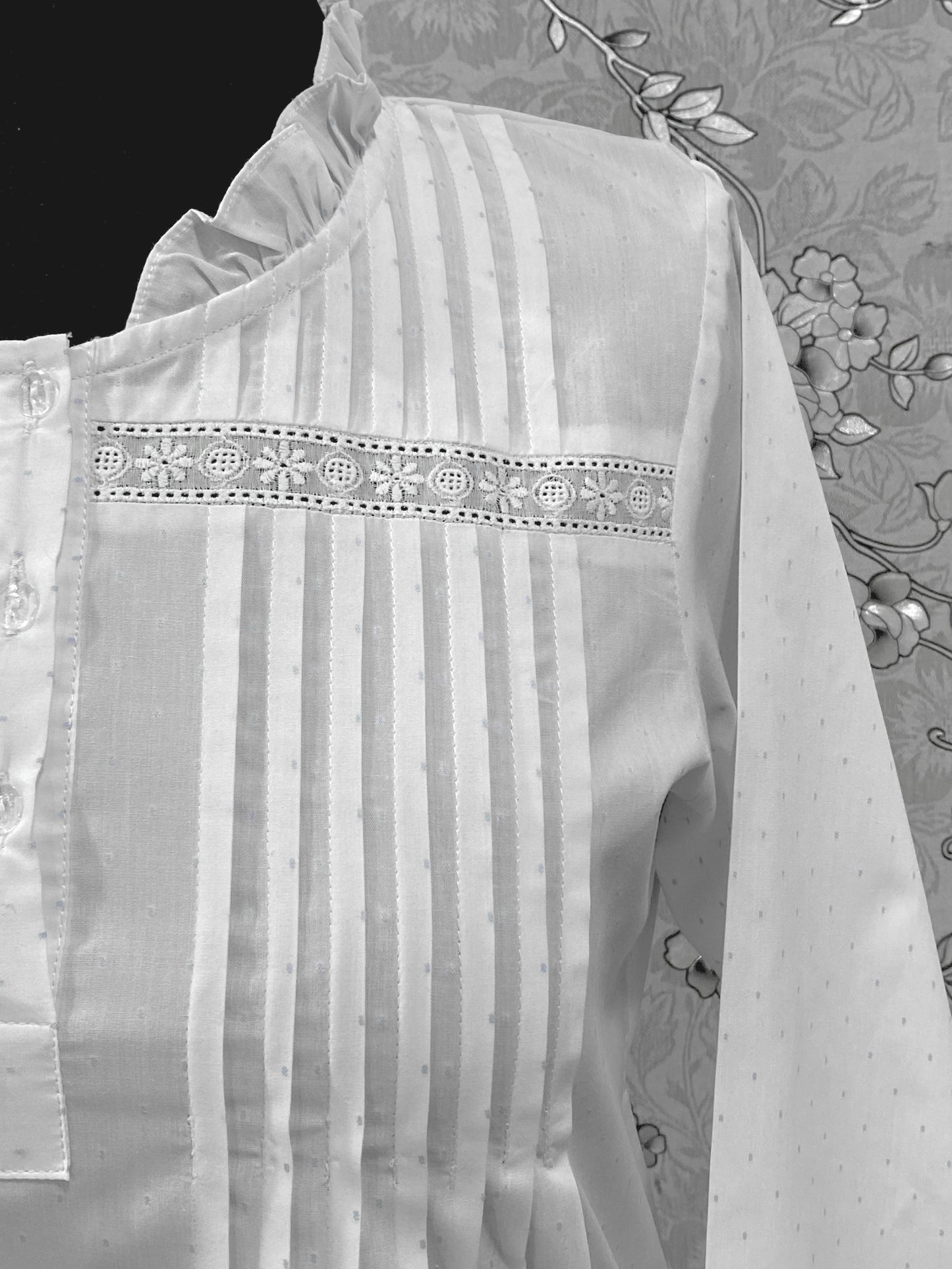 SoieRose 100% Cotton Victorian Nightgown – White Pintuck Lace Yoke with Subtle Blue Dots - SR-1204