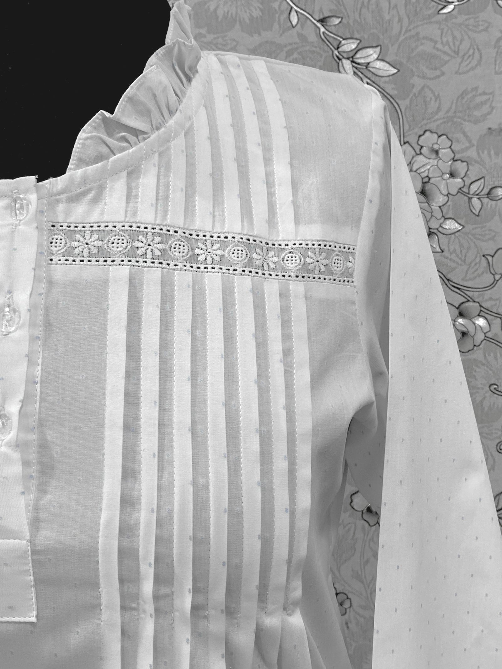 SoieRose 100% Cotton Victorian Nightgown – White Pintuck Lace Yoke with Subtle Blue Dots - SR-1204