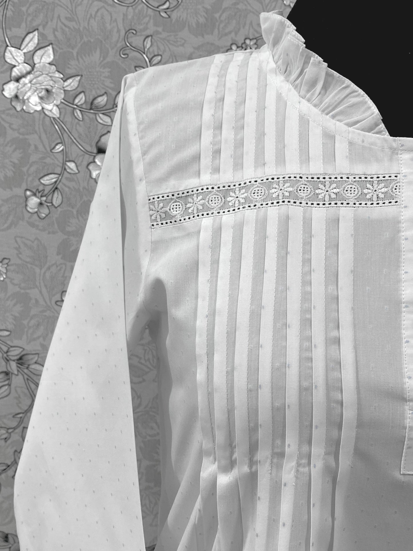 SoieRose 100% Cotton Victorian Nightgown – White Pintuck Lace Yoke with Subtle Blue Dots - SR-1204