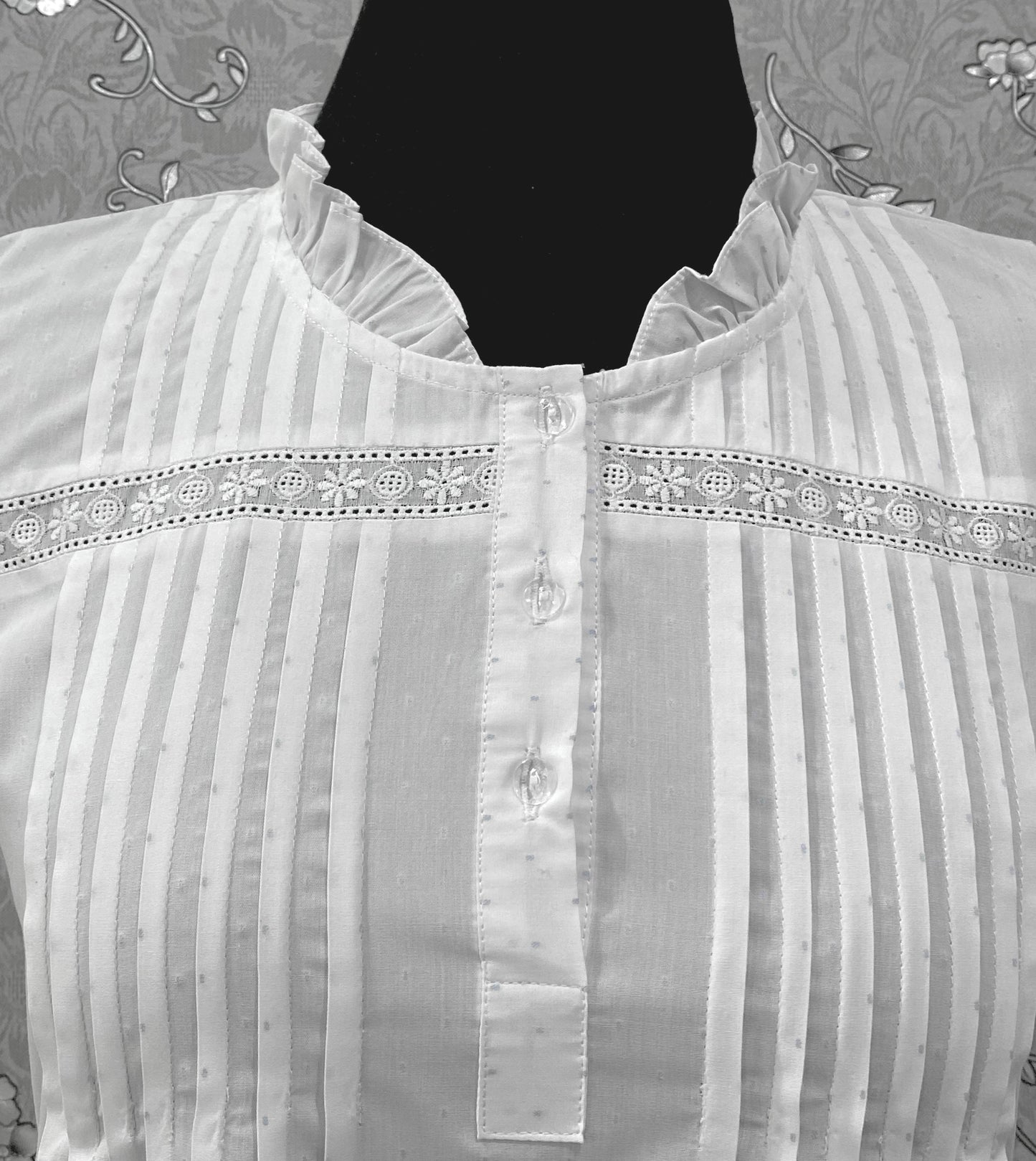 SoieRose 100% Cotton Victorian Nightgown – White Pintuck Lace Yoke with Subtle Blue Dots - SR-1204