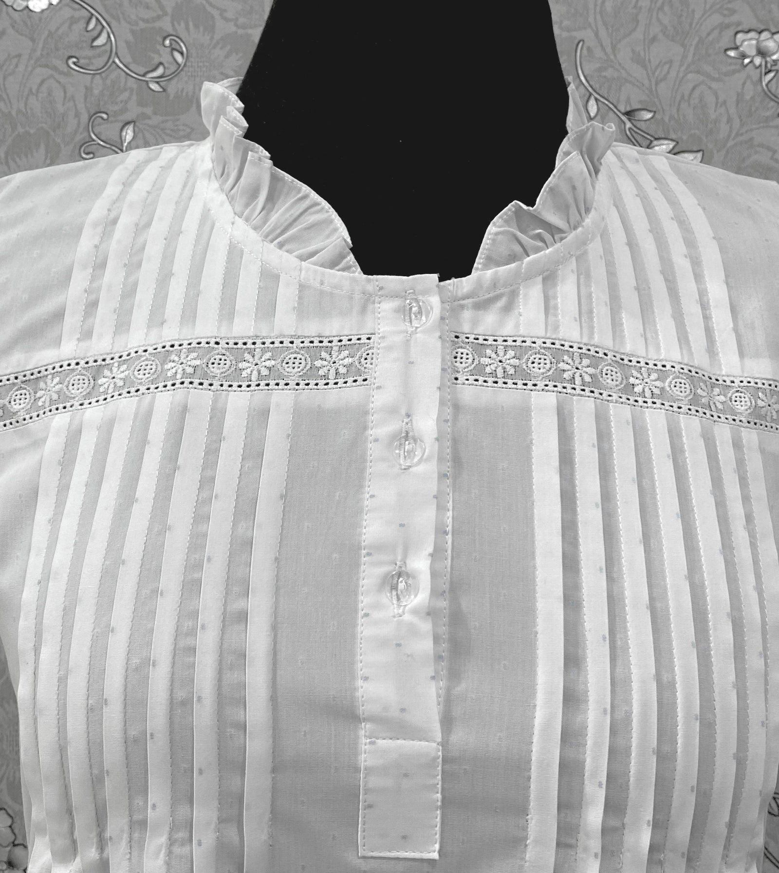 SoieRose 100% Cotton Victorian Nightgown – White Pintuck Lace Yoke with Subtle Blue Dots - SR-1204