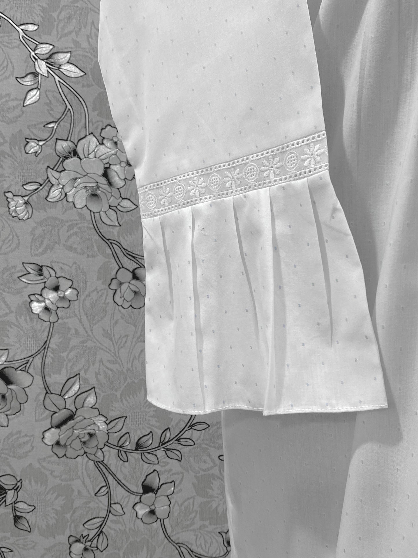 SoieRose 100% Cotton Victorian Nightgown – White Pintuck Lace Yoke with Subtle Blue Dots - SR-1204