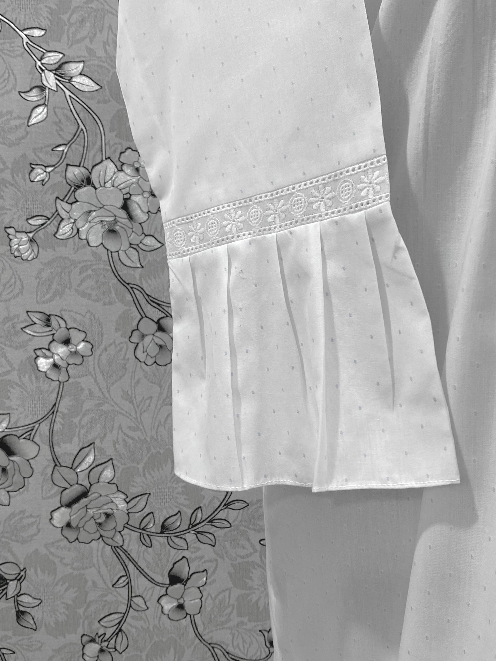 SoieRose 100% Cotton Victorian Nightgown – White Pintuck Lace Yoke with Subtle Blue Dots - SR-1204