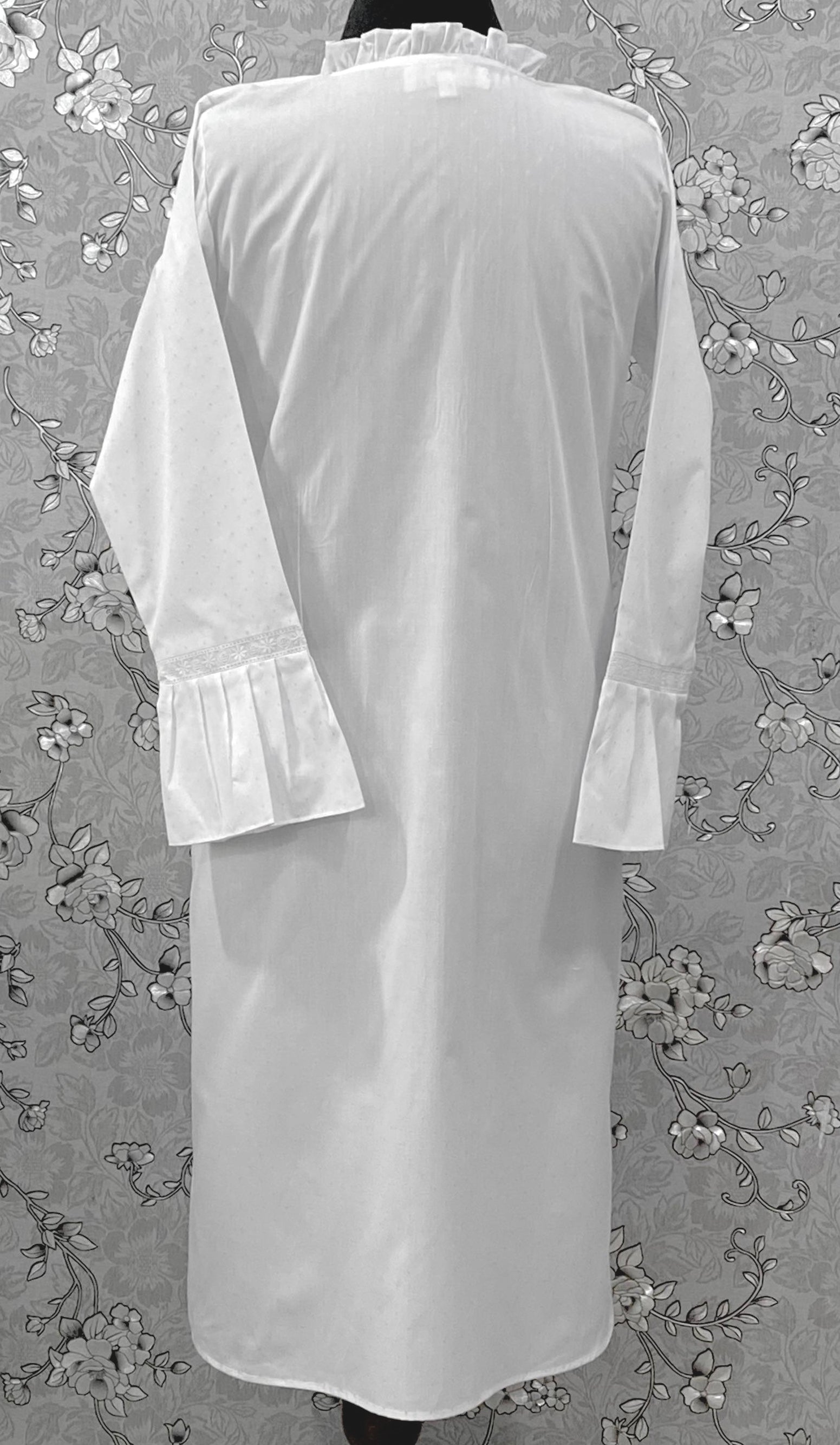 SoieRose 100% Cotton Victorian Nightgown – White Pintuck Lace Yoke with Subtle Blue Dots - SR-1204
