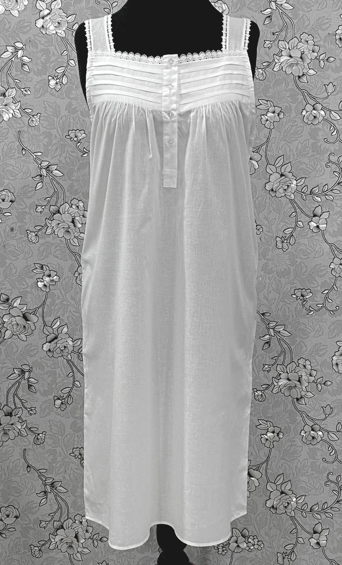 SoieRose 100% Cotton Victorian Nightgown – White Sleeveless Button Front Nightdress with Lace Trim & Pintuck Yoke – SR-1207