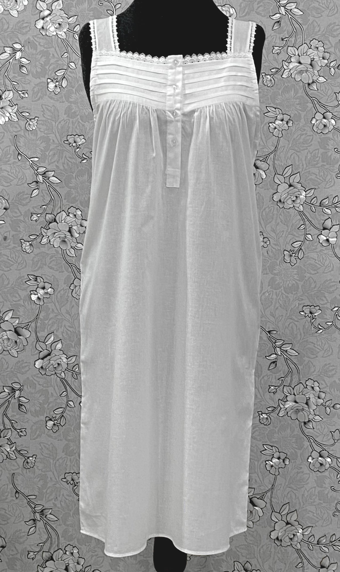 SoieRose 100% Cotton Victorian Nightgown – White Sleeveless Button Front Nightdress with Lace Trim & Pintuck Yoke – SR-1207