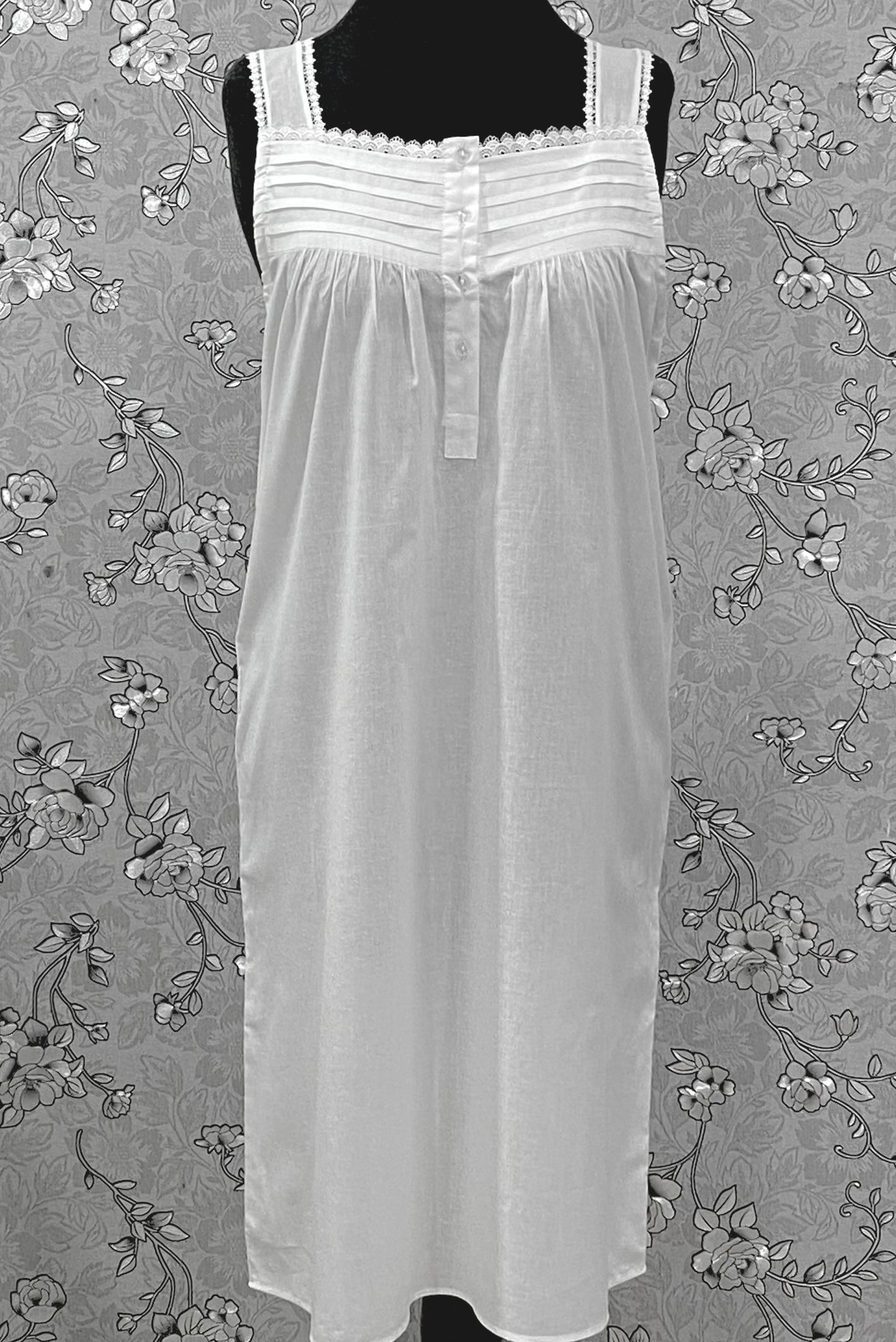 SoieRose 100% Cotton Victorian Nightgown – White Sleeveless Button Front Nightdress with Lace Trim & Pintuck Yoke – SR-1207