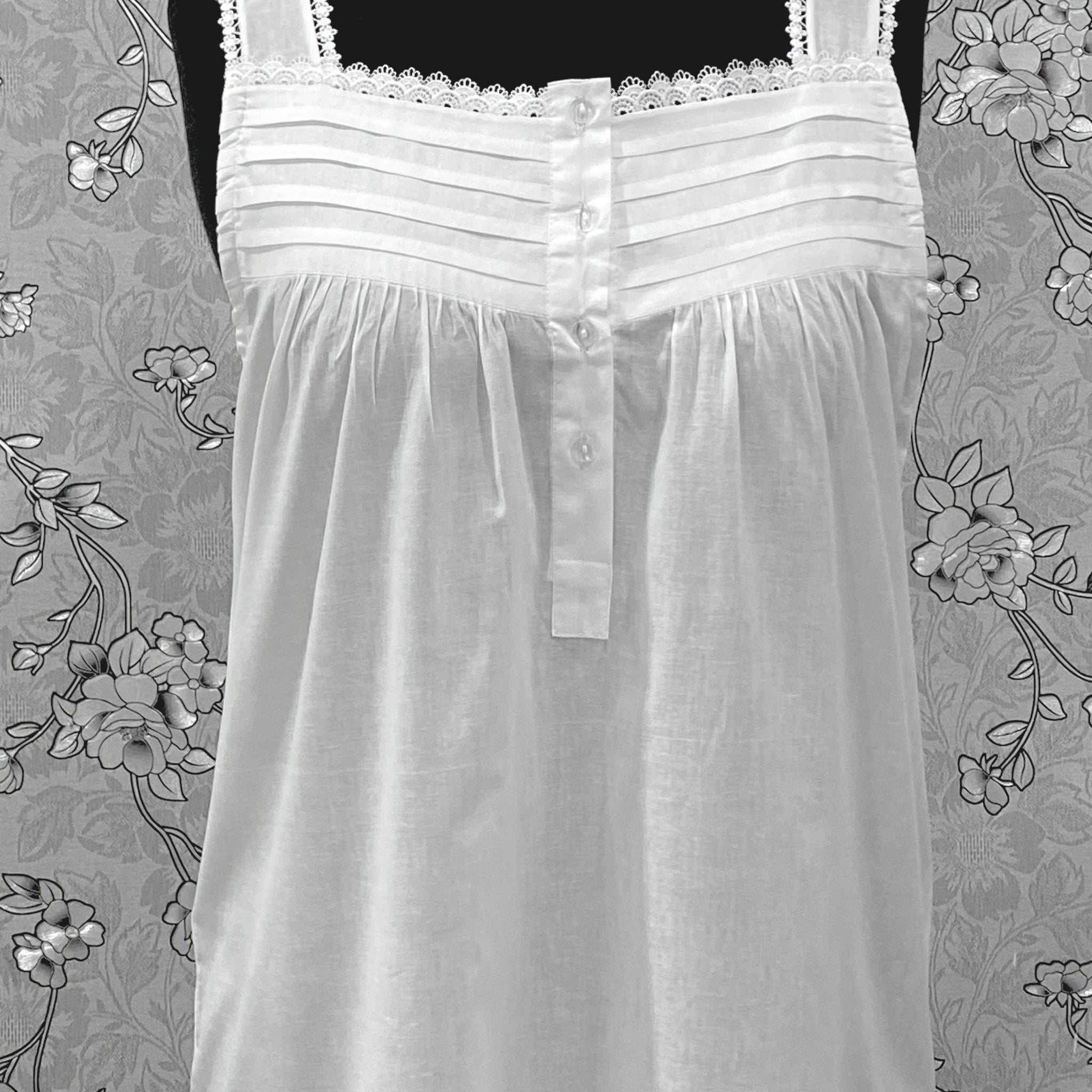 SoieRose 100% Cotton Victorian Nightgown – White Sleeveless Button Front Nightdress with Lace Trim & Pintuck Yoke – SR-1207