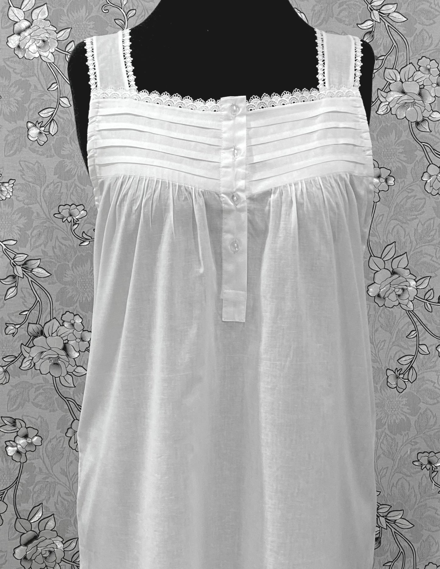 SoieRose 100% Cotton Victorian Nightgown – White Sleeveless Button Front Nightdress with Lace Trim & Pintuck Yoke – SR-1207