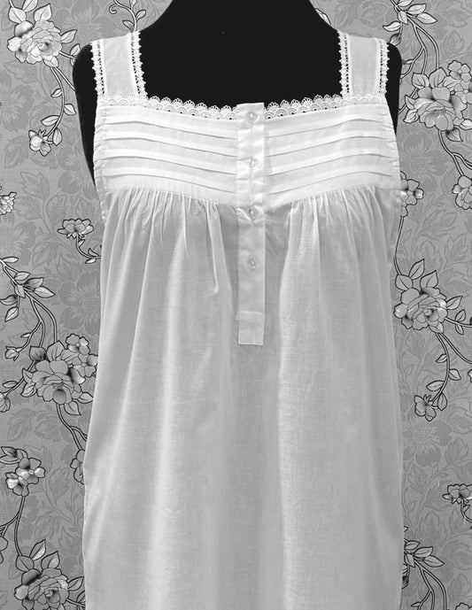 SoieRose 100% Cotton Victorian Nightgown – White Sleeveless Button Front Nightdress with Lace Trim & Pintuck Yoke – SR-1207