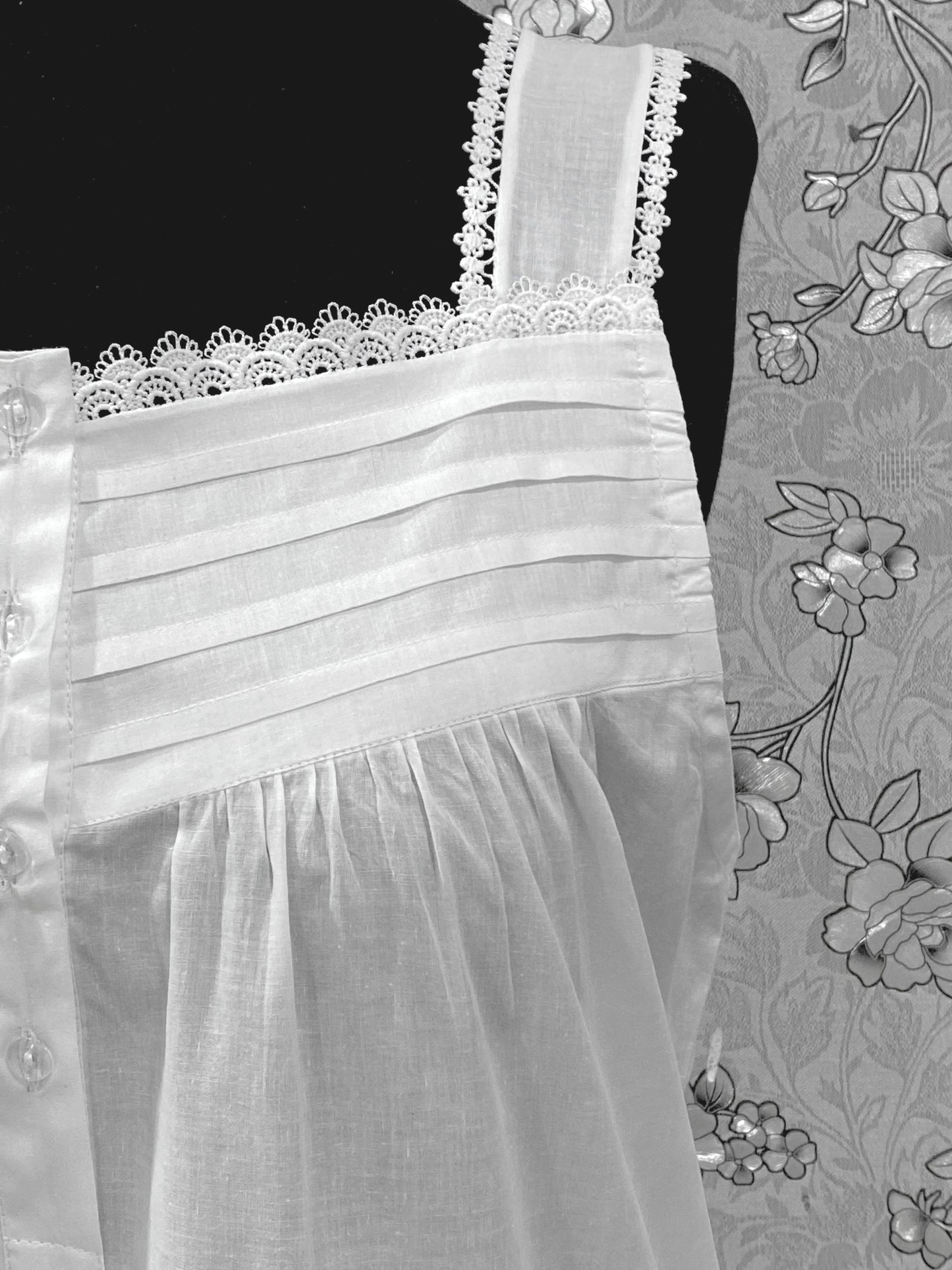 SoieRose 100% Cotton Victorian Nightgown – White Sleeveless Button Front Nightdress with Lace Trim & Pintuck Yoke – SR-1207