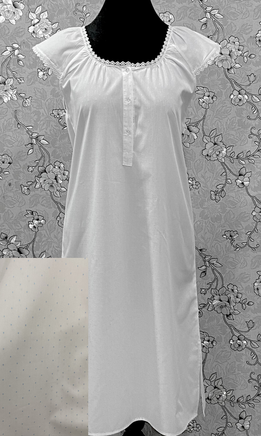 SoieRose 100% Cotton Victorian Nightgown – White with Subtle Blue Dots & Lace Trim - SR-1203