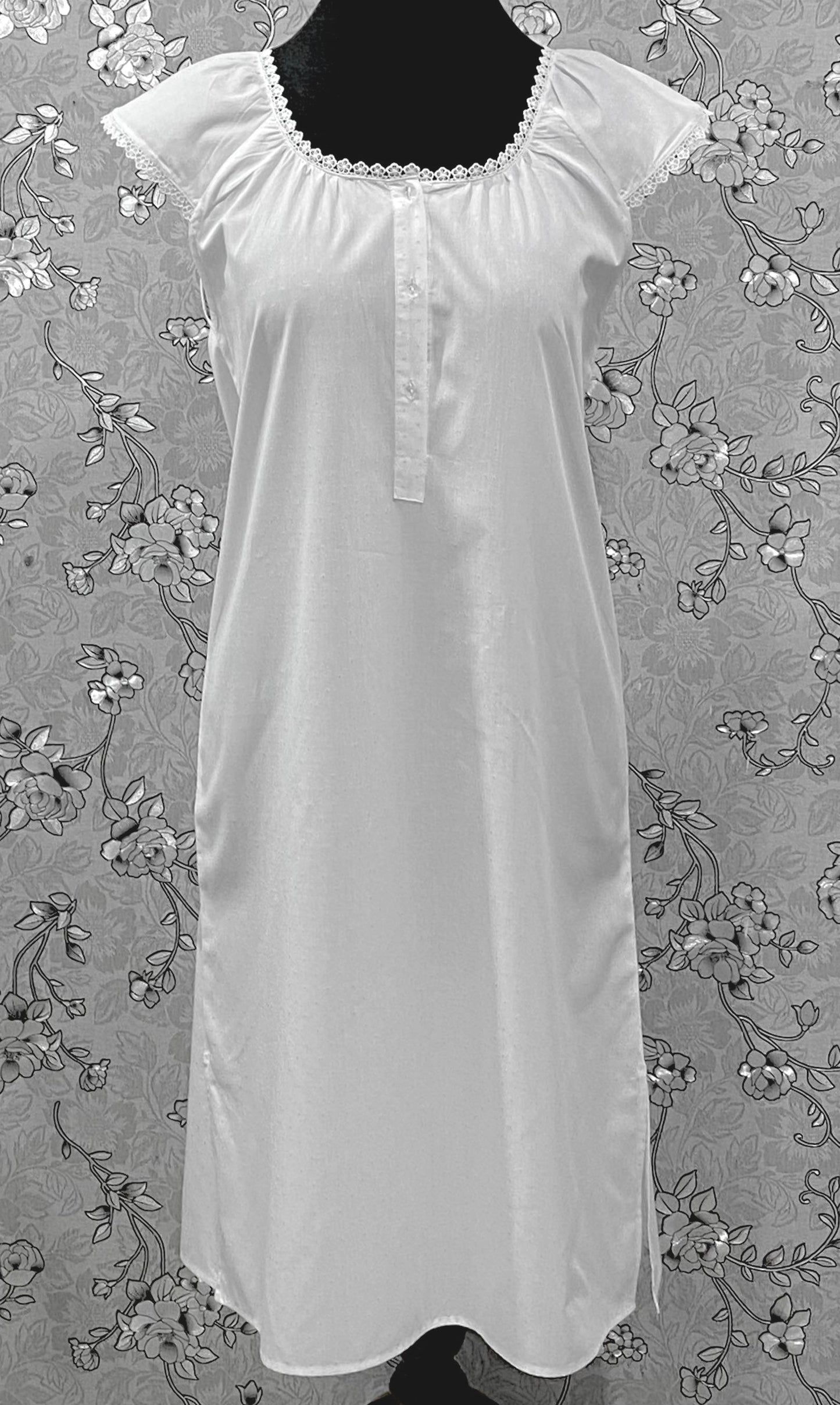 SoieRose 100% Cotton Victorian Nightgown – White with Subtle Blue Dots & Lace Trim - SR-1203