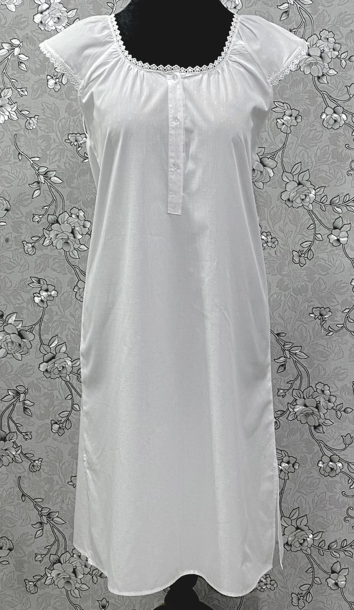 SoieRose 100% Cotton Victorian Nightgown – White with Subtle Blue Dots & Lace Trim - SR-1203