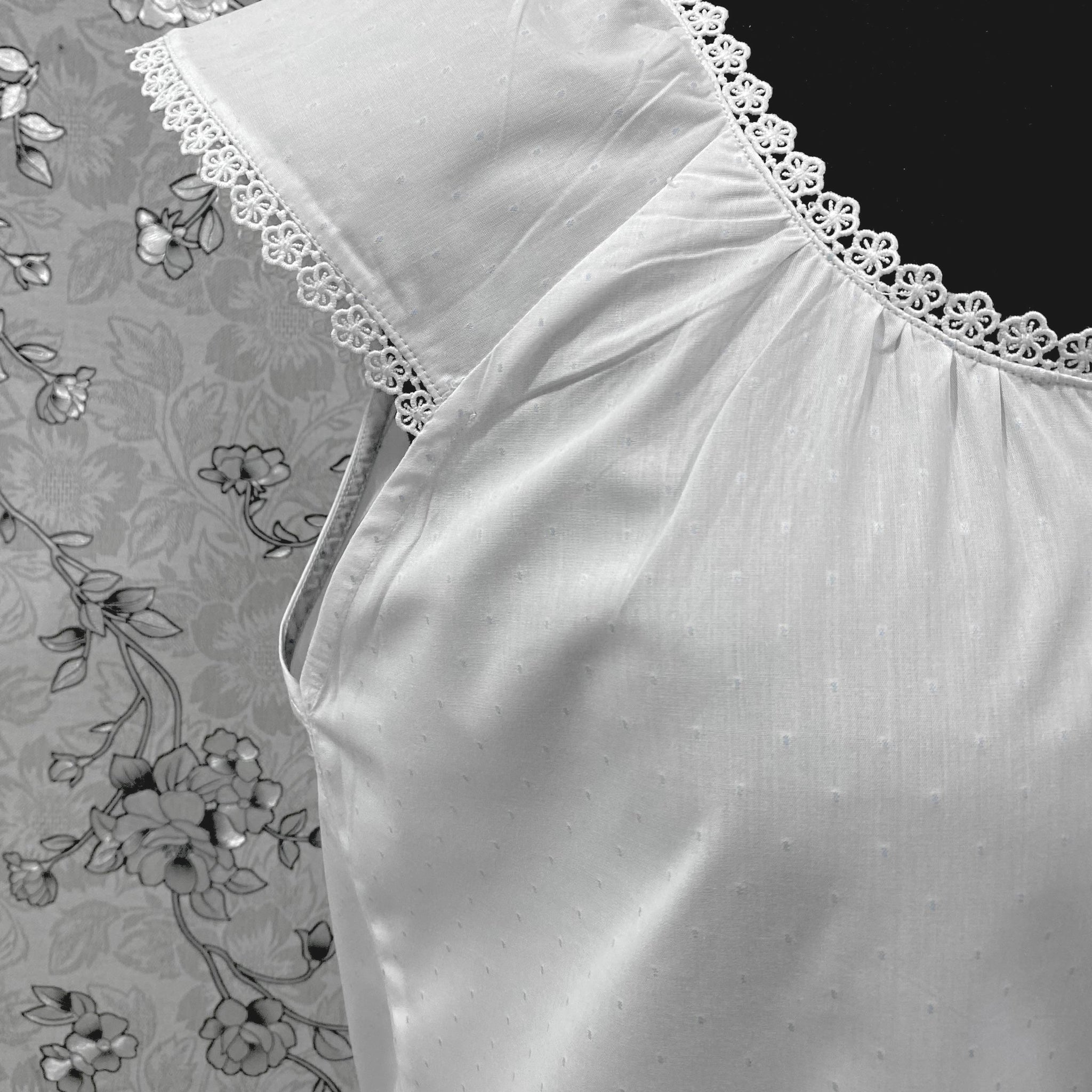 SoieRose 100% Cotton Victorian Nightgown – White with Subtle Blue Dots & Lace Trim - SR-1203