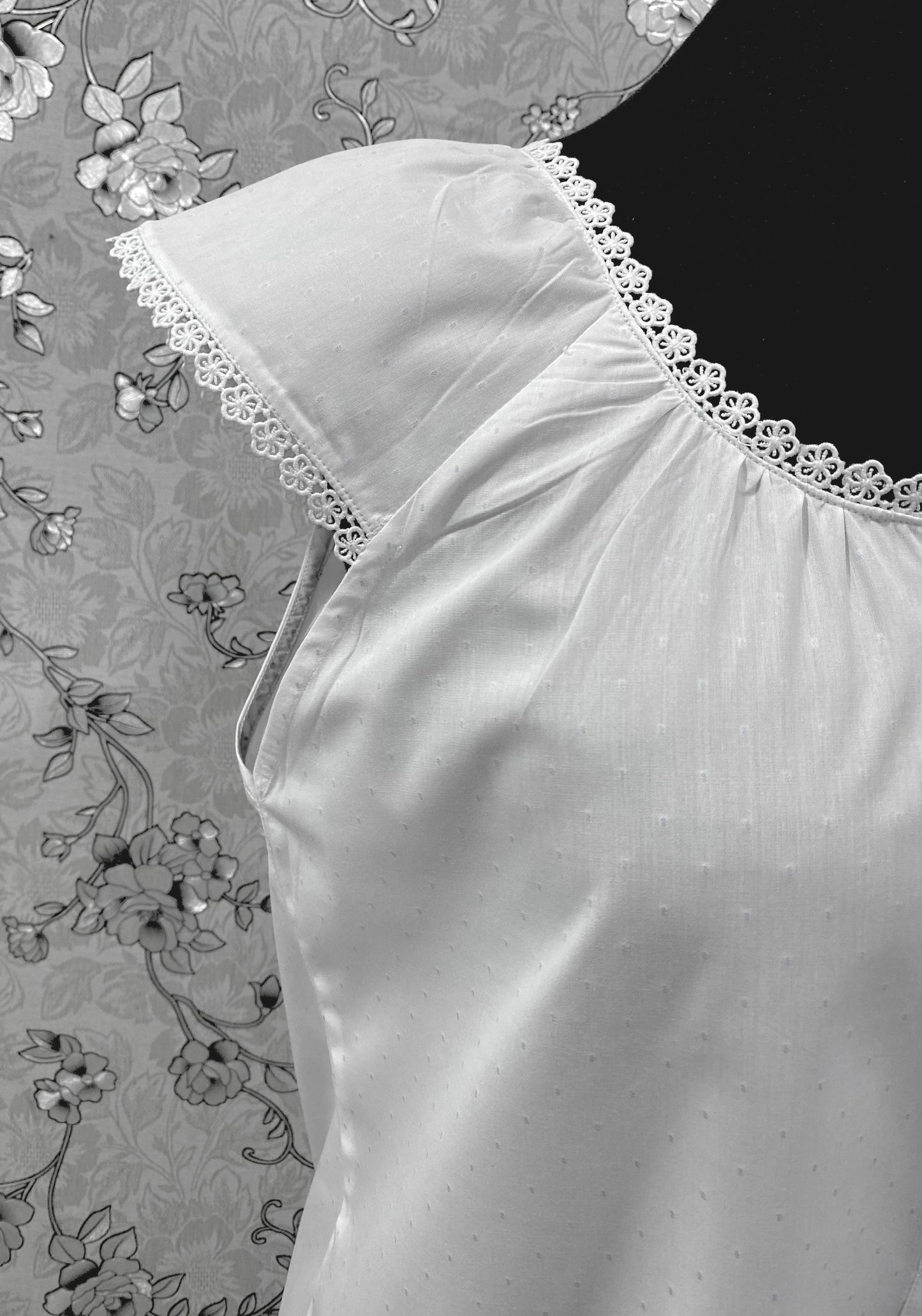 SoieRose 100% Cotton Victorian Nightgown – White with Subtle Blue Dots & Lace Trim - SR-1203