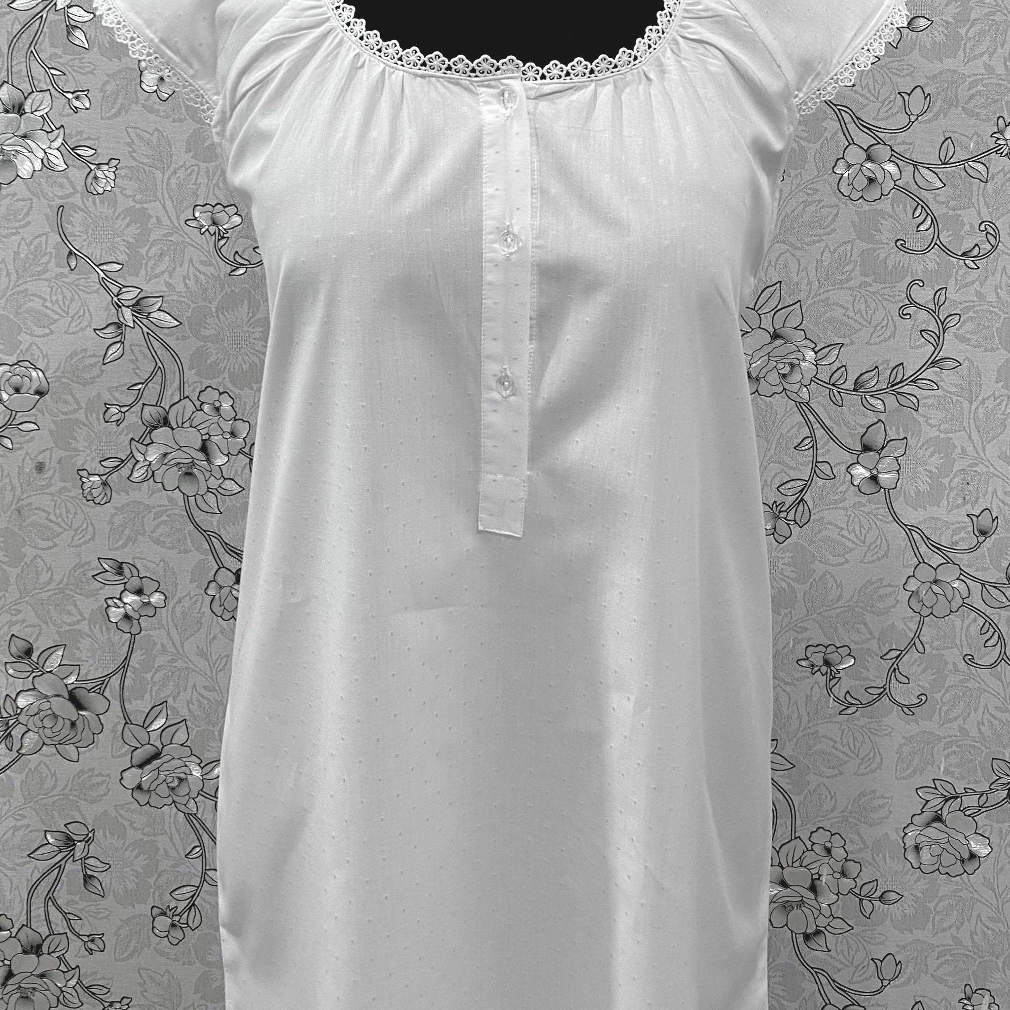 SoieRose 100% Cotton Victorian Nightgown – White with Subtle Blue Dots & Lace Trim - SR-1203