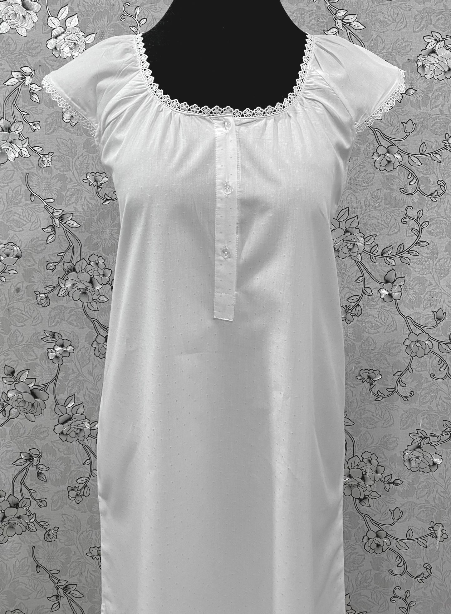 SoieRose 100% Cotton Victorian Nightgown – White with Subtle Blue Dots & Lace Trim - SR-1203
