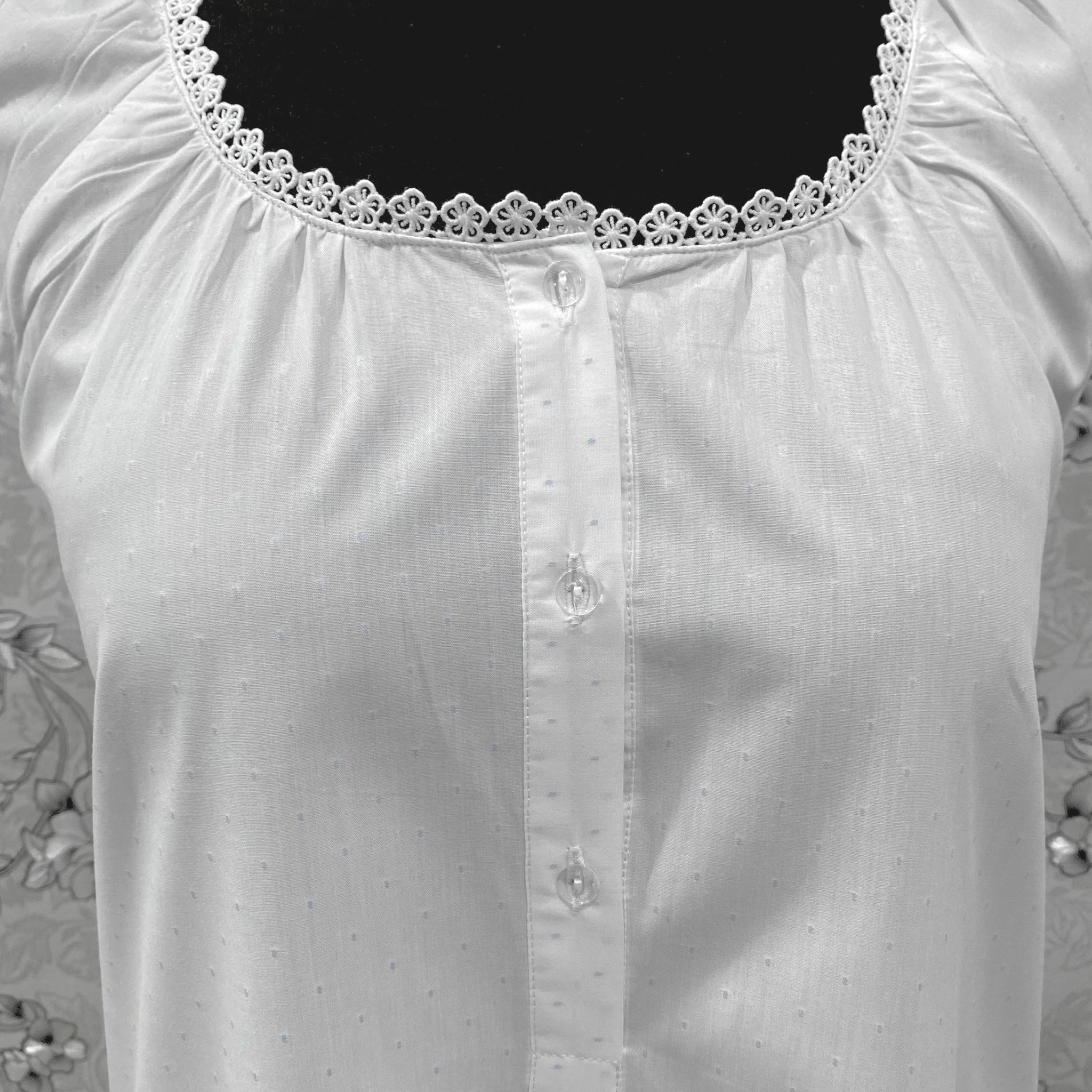 SoieRose 100% Cotton Victorian Nightgown – White with Subtle Blue Dots & Lace Trim - SR-1203