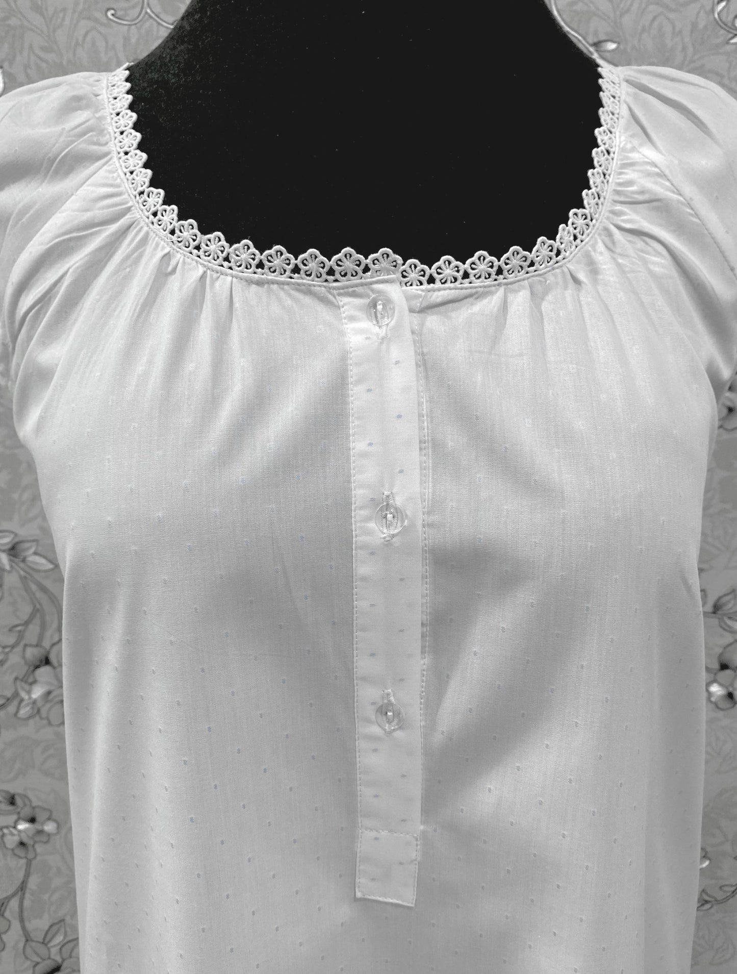 SoieRose 100% Cotton Victorian Nightgown – White with Subtle Blue Dots & Lace Trim - SR-1203