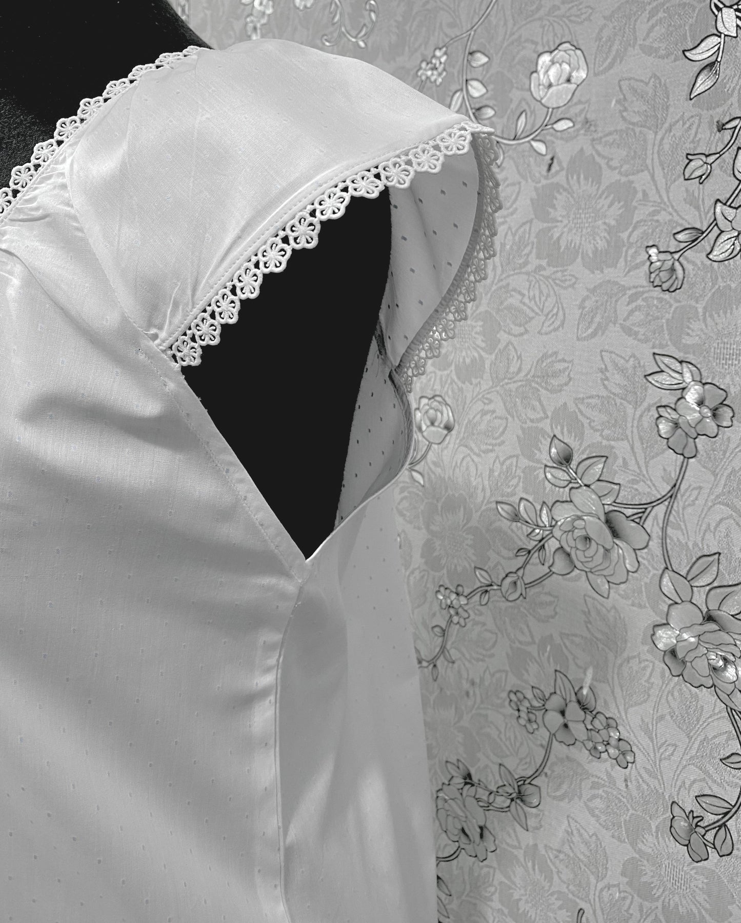 SoieRose 100% Cotton Victorian Nightgown – White with Subtle Blue Dots & Lace Trim - SR-1203