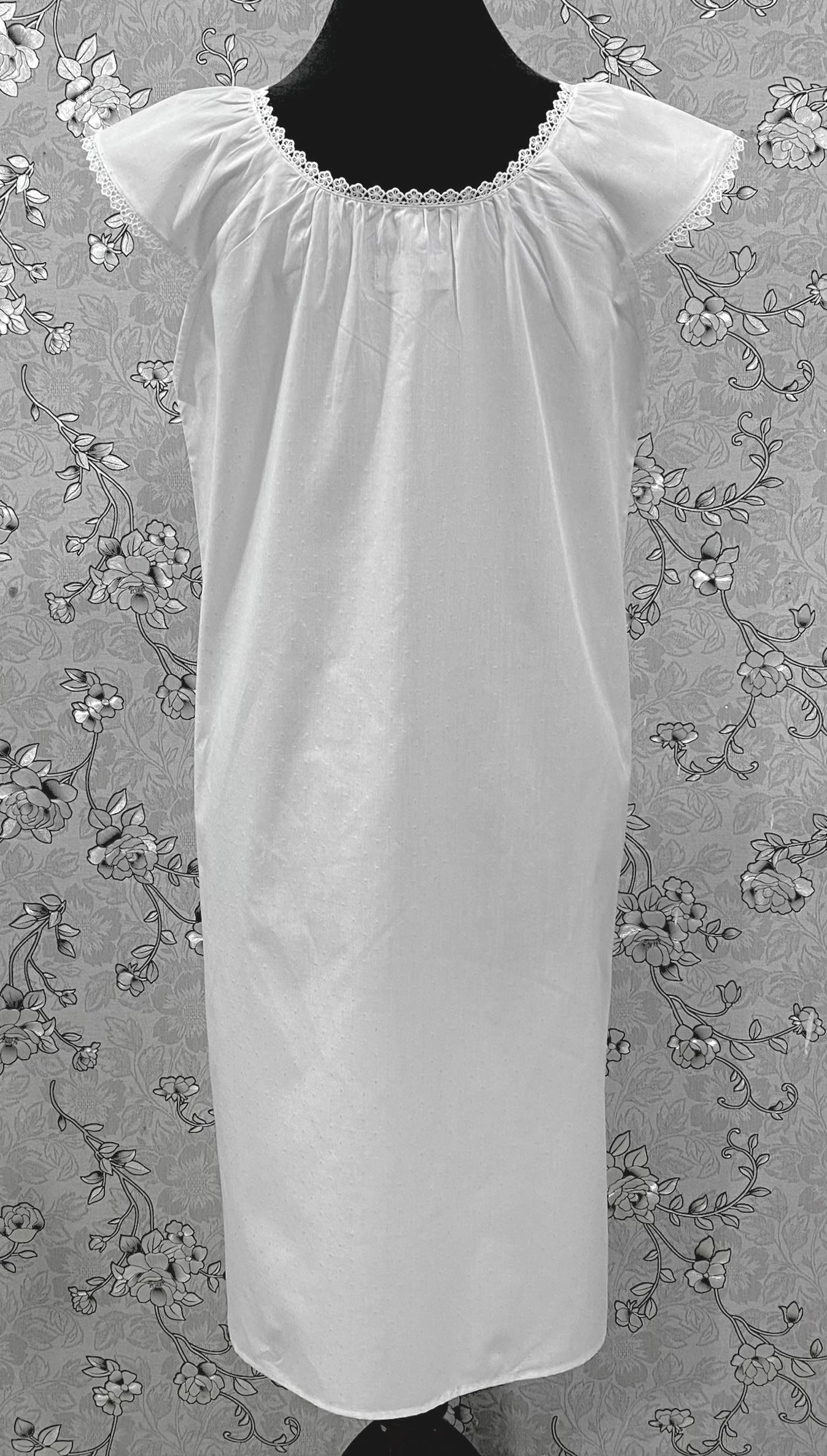 SoieRose 100% Cotton Victorian Nightgown – White with Subtle Blue Dots & Lace Trim - SR-1203